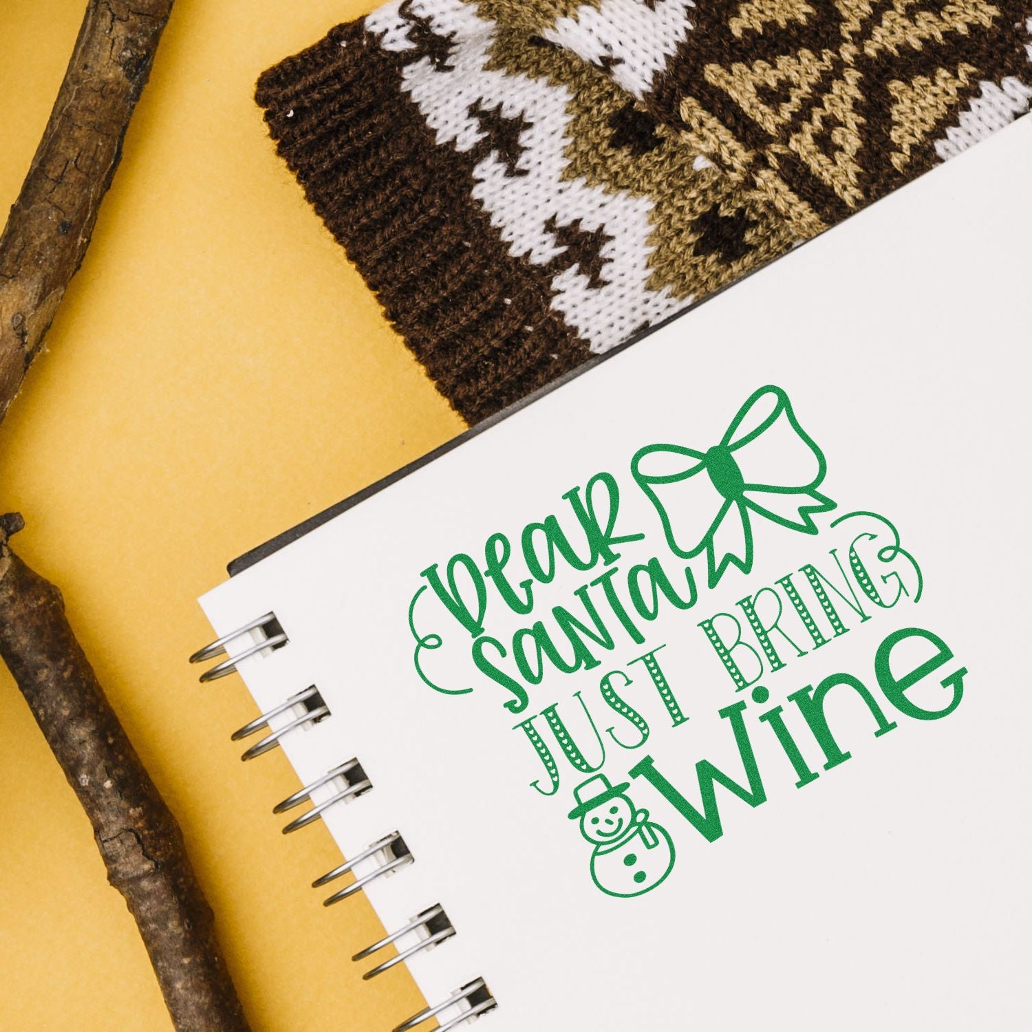 Christmas rubber stamp design with Dear Santa, Just Bring Wine lettering for holiday cards, scrapbook pages, and festive crafts.