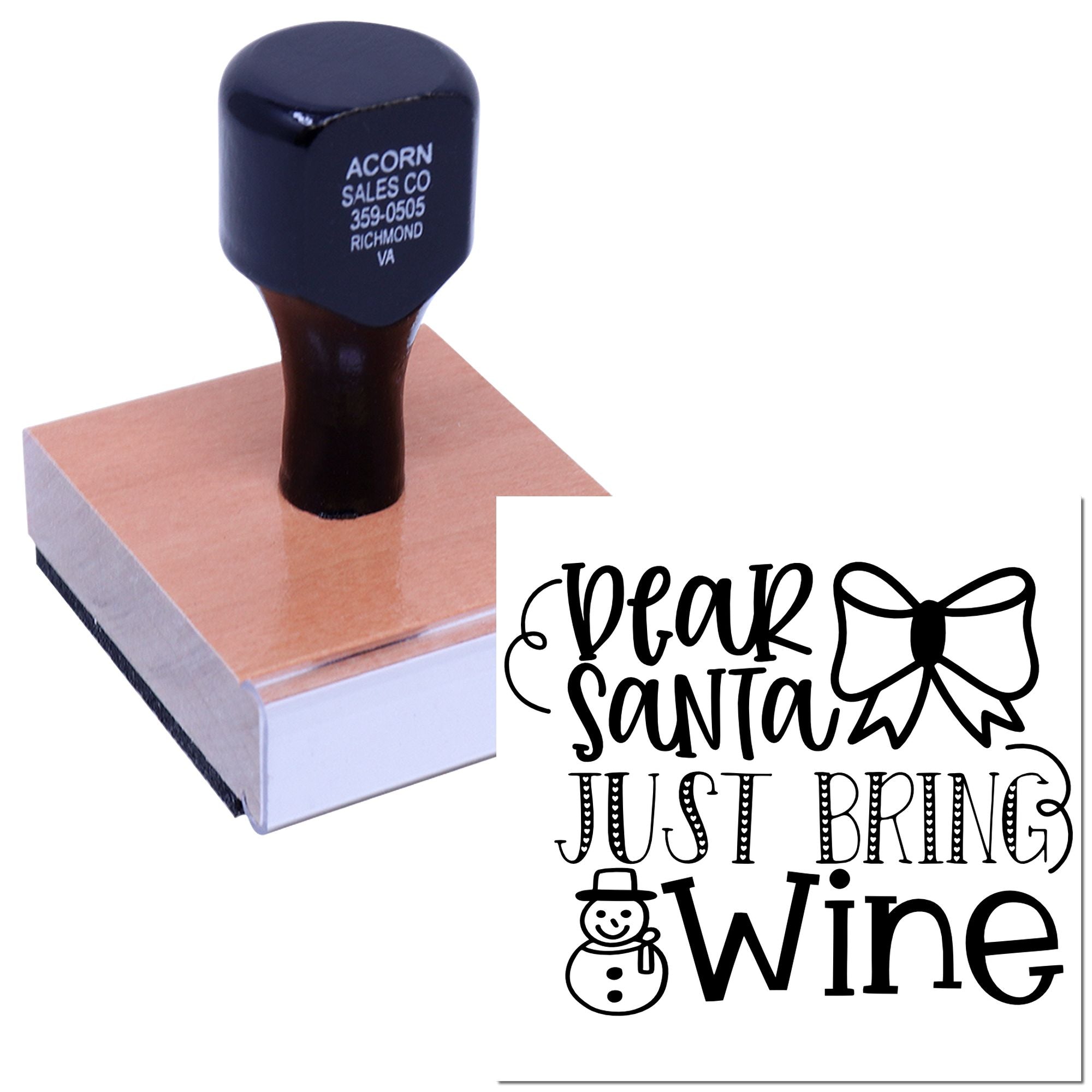 Custom Christmas rubber stamp with Dear Santa Just Bring Wine holiday design, bow, and snowman for gift wrapping.