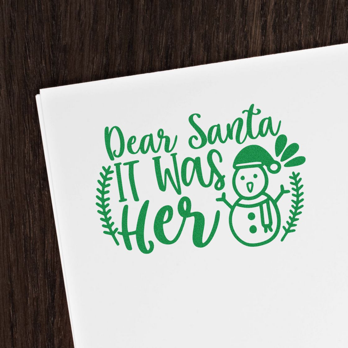 Christmas rubber stamp design with Dear Santa It Was Her snowman graphic for holiday cards and gift tags.