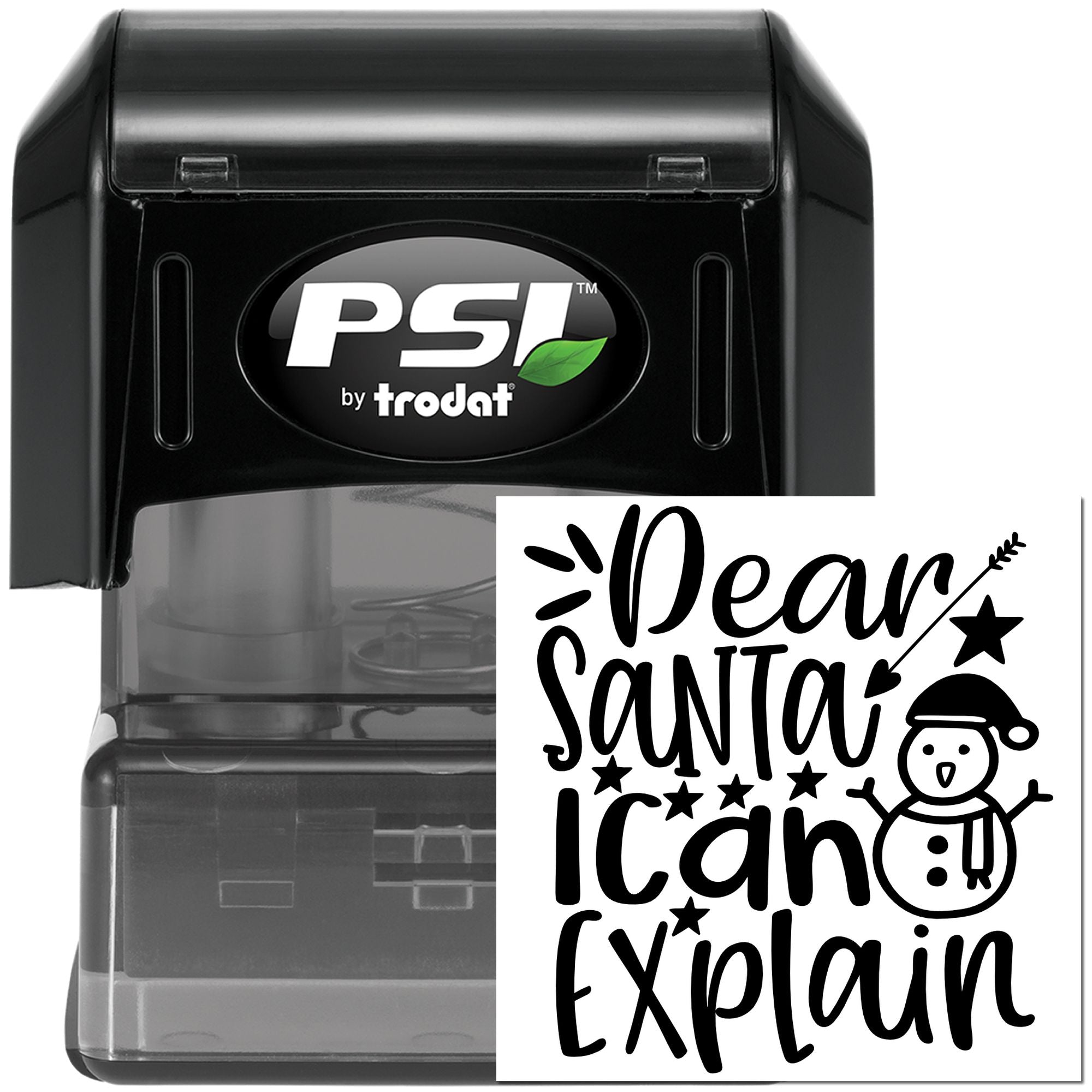 Custom self-inking rubber stamp by PSI Trodat featuring Dear Santa I Can Explain holiday Christmas design.