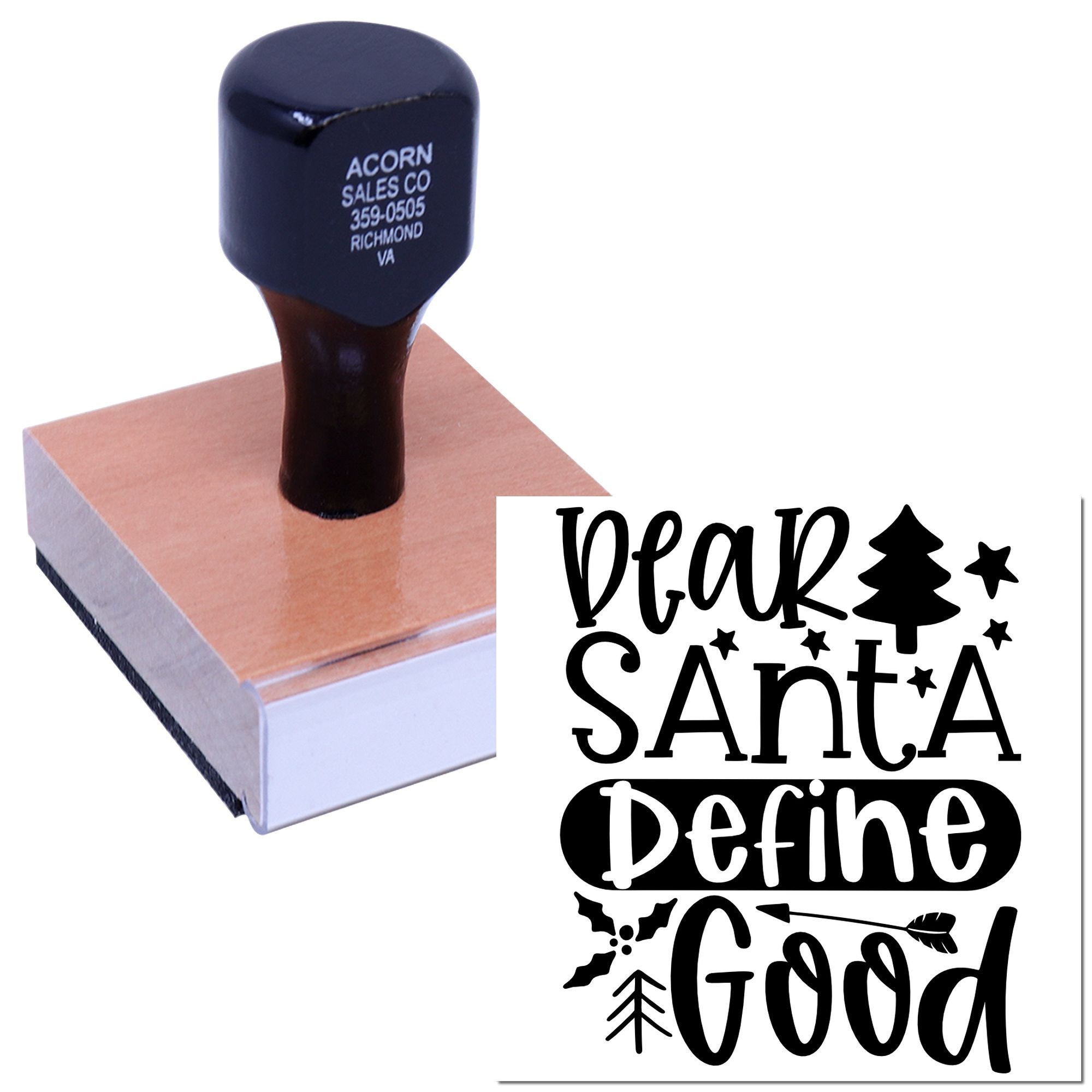 Holiday rubber stamp reading Dear Santa, Define Good for Christmas cards, gift tags, and seasonal crafts.