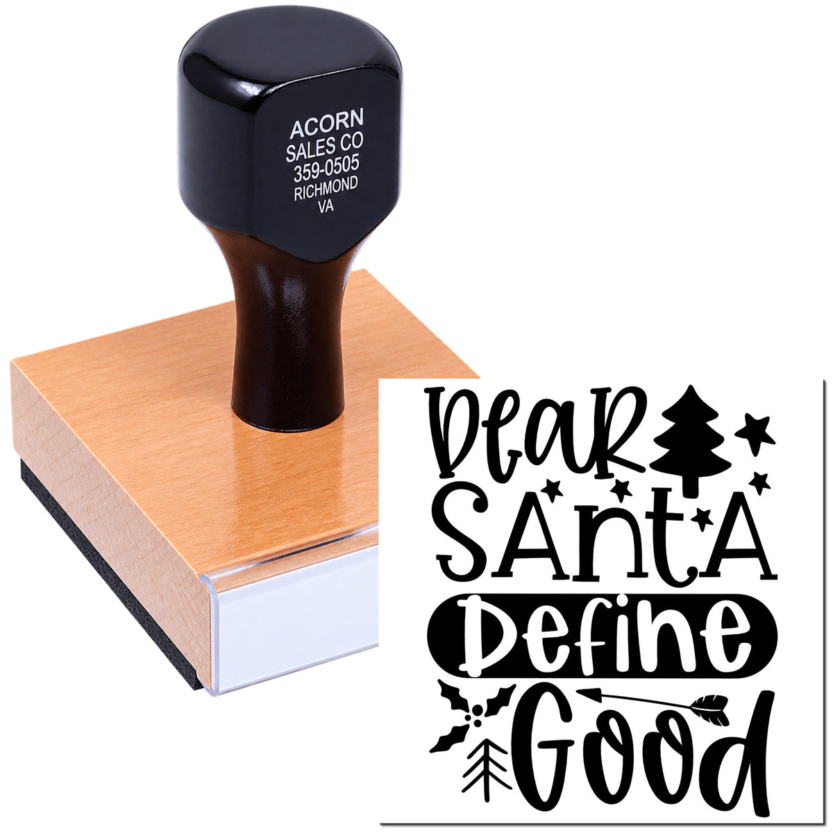 Holiday rubber stamp reading Dear Santa, Define Good for Christmas cards, gift tags, and seasonal crafts.
