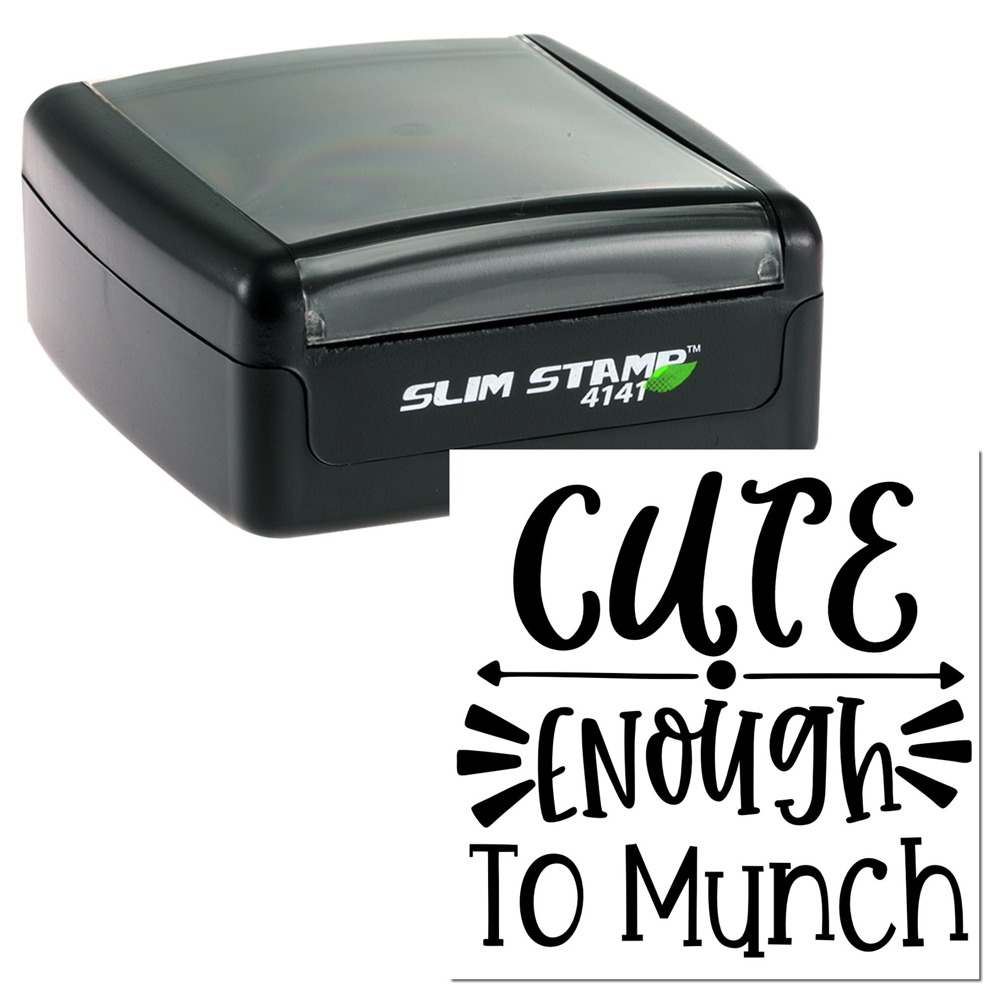 Custom self-inking rubber stamp with Cute Enough to Munch design for crafting, packaging, and handmade business branding.