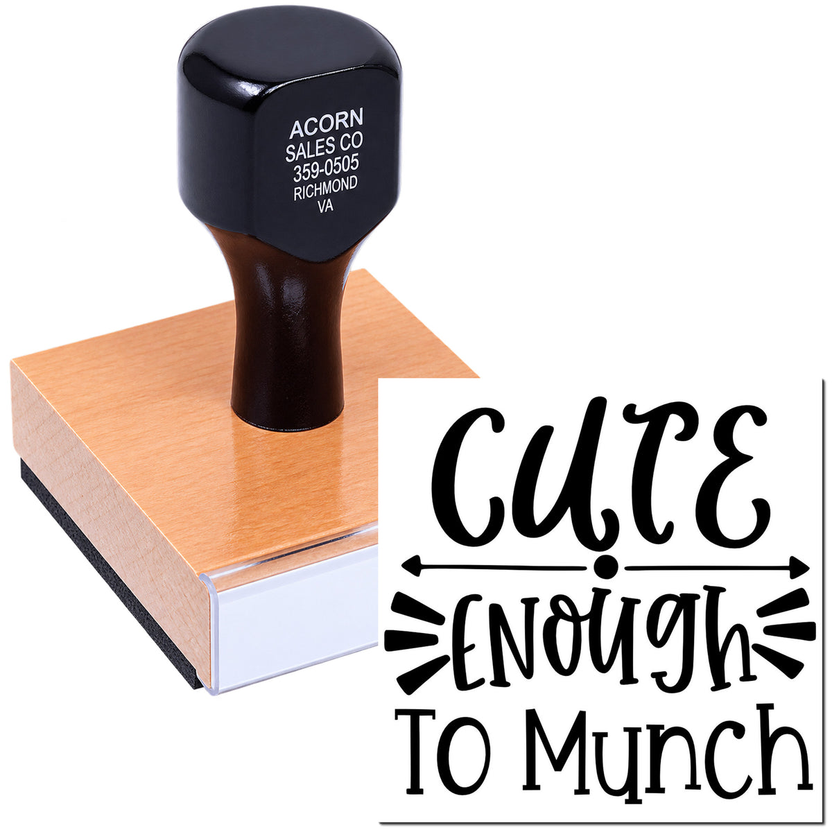 Custom rubber stamp with Cute Enough to Munch design for bakery packaging, crafts, and small business branding.