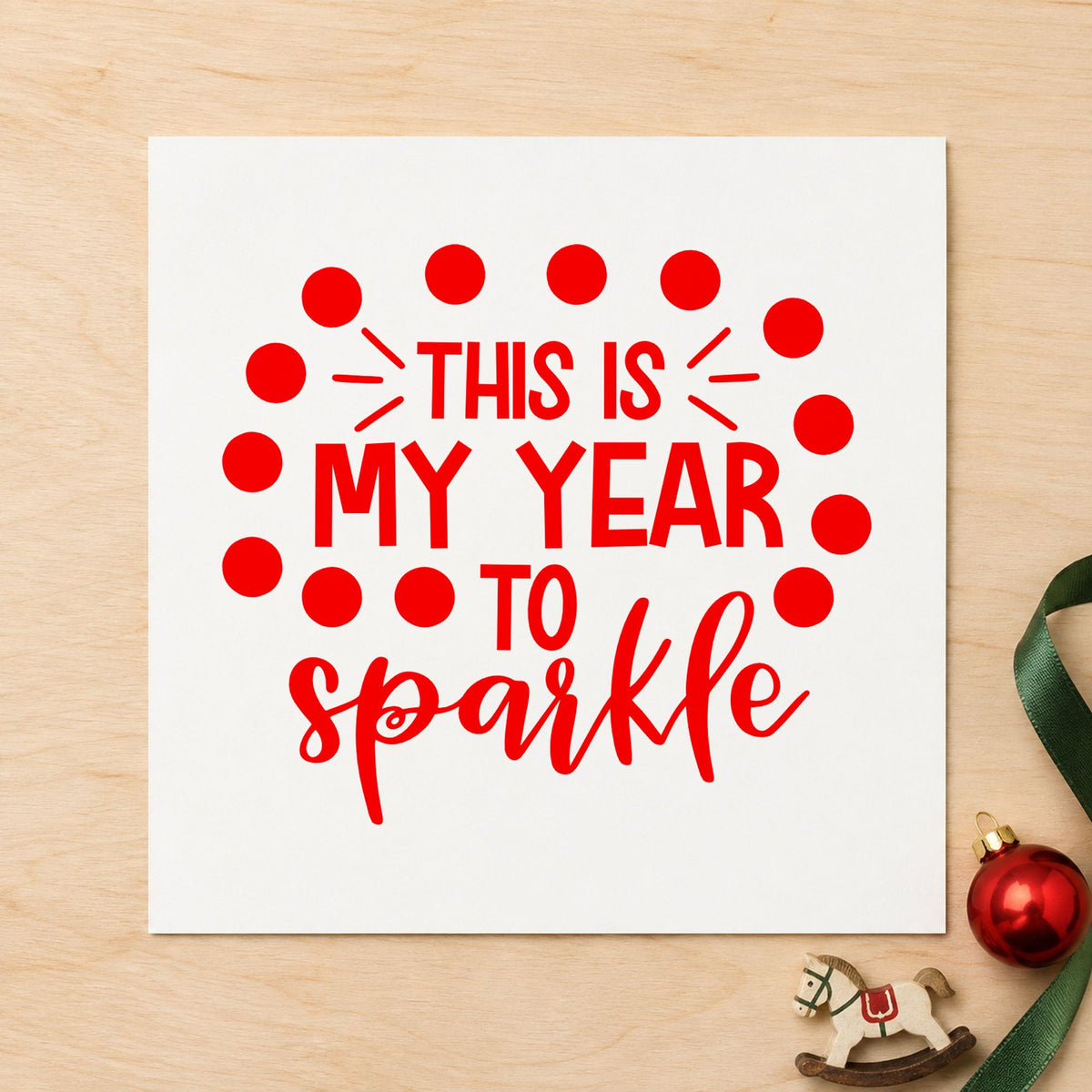 My Year To Sparkle Dots craft stamp in red ink on cardstock, an easy option for tote face printing.