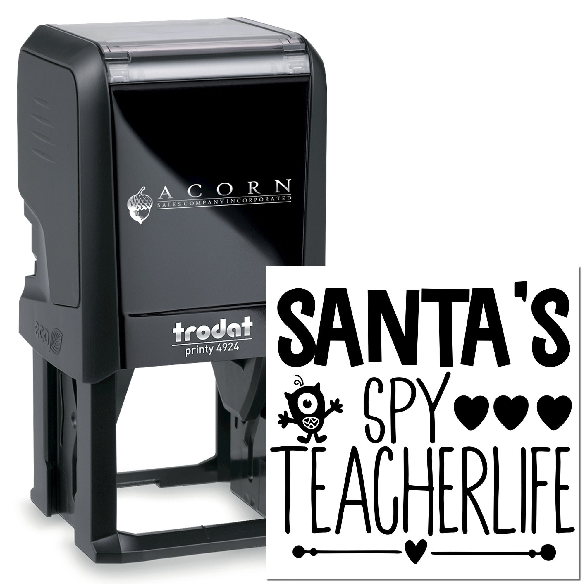 Personalized self-inking rubber stamp with Santas Spy Teacherlife design for holiday teacher gifts and classroom use.