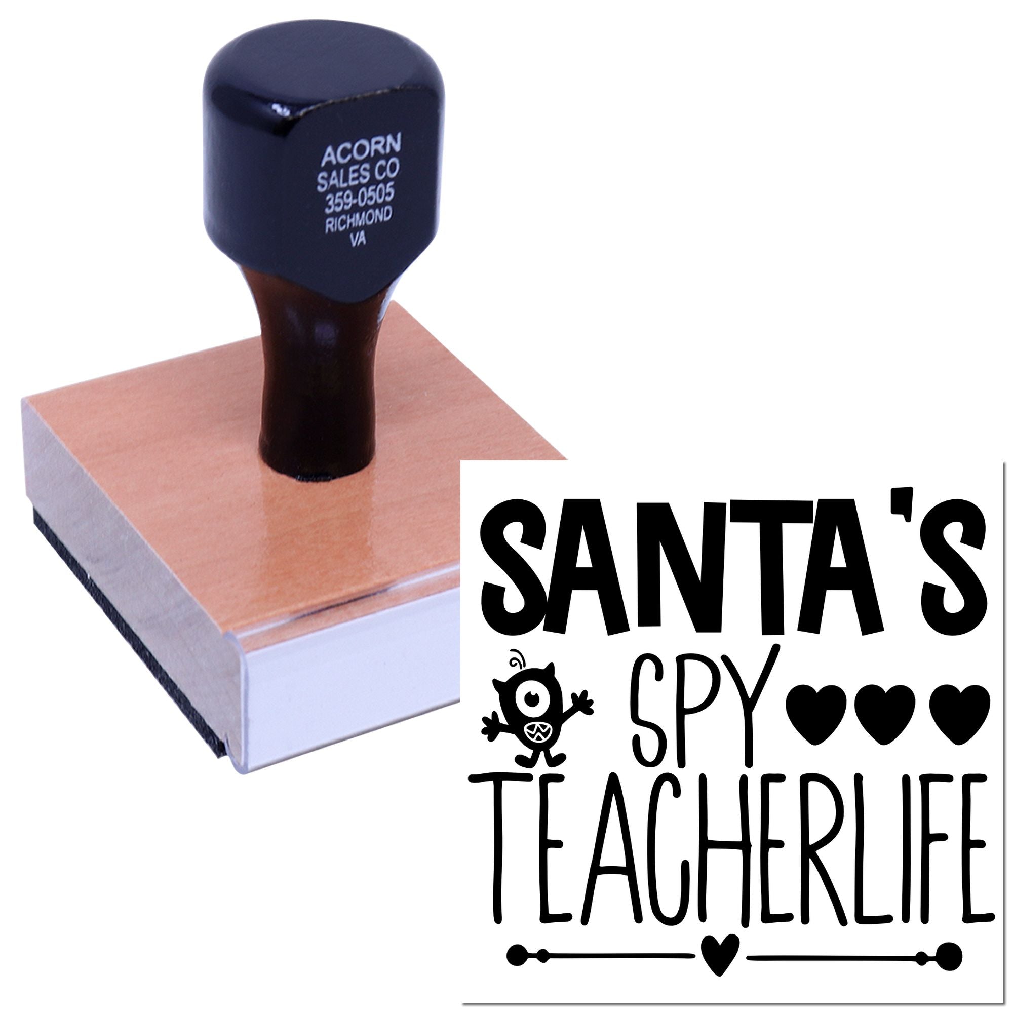 Custom rubber stamp with Santas Spy Teacher Life design for holiday teacher gifts, classroom crafts, and festive stamping.