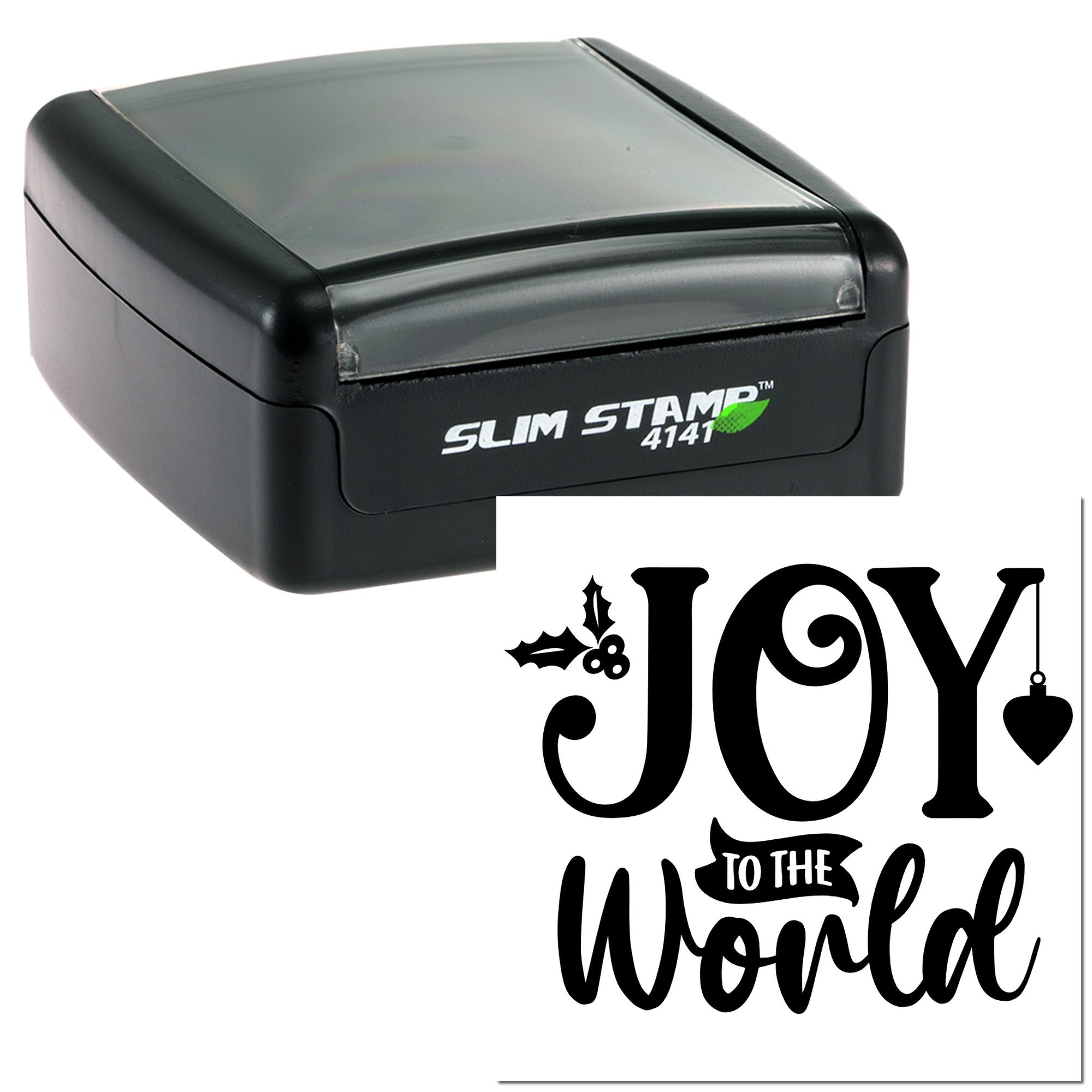 Self-inking rubber stamp with Joy to the World holiday design for Christmas cards, crafts, and custom paper stamping.