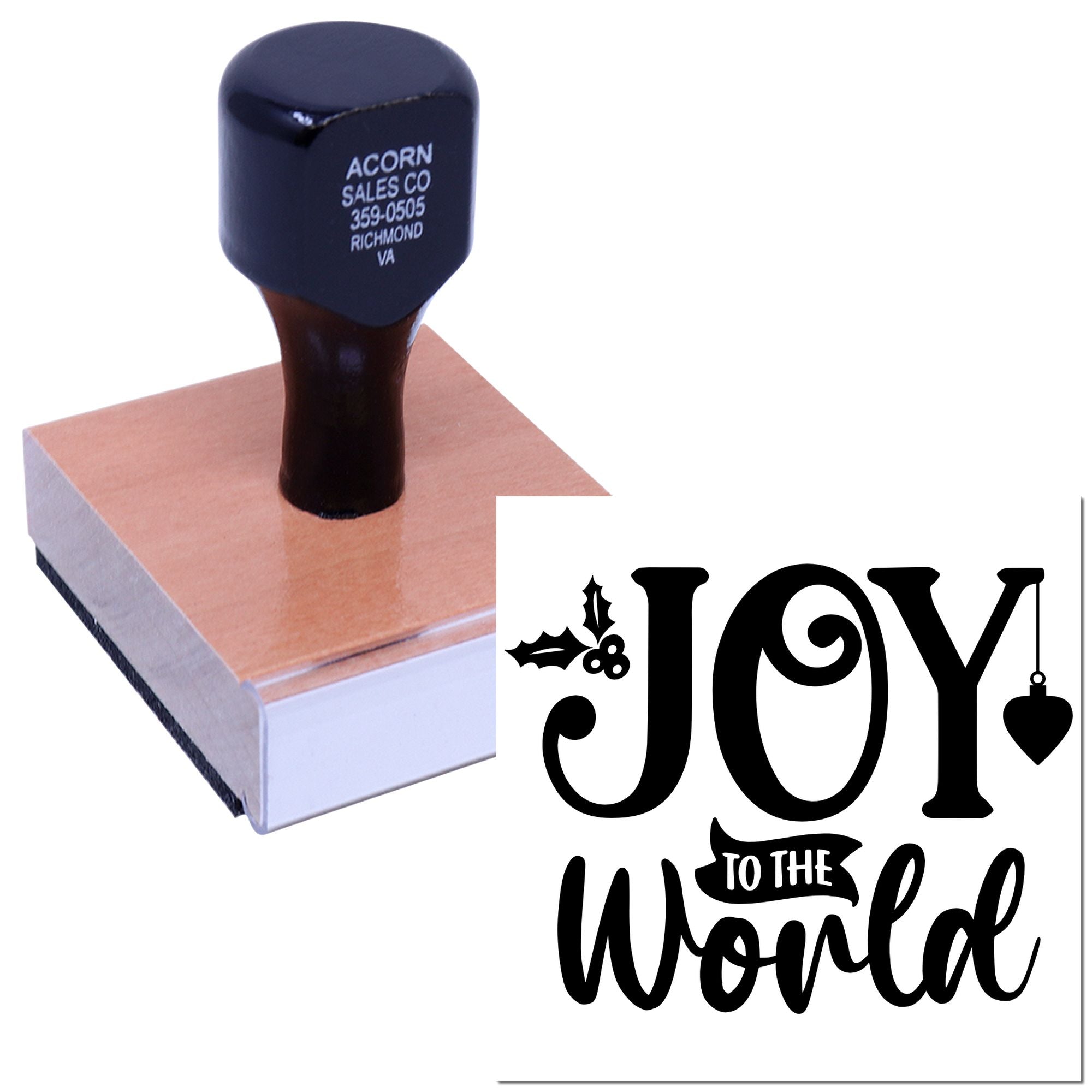 Custom holiday rubber stamp with Joy to the World design for Christmas cards, gift tags, and festive crafts.
