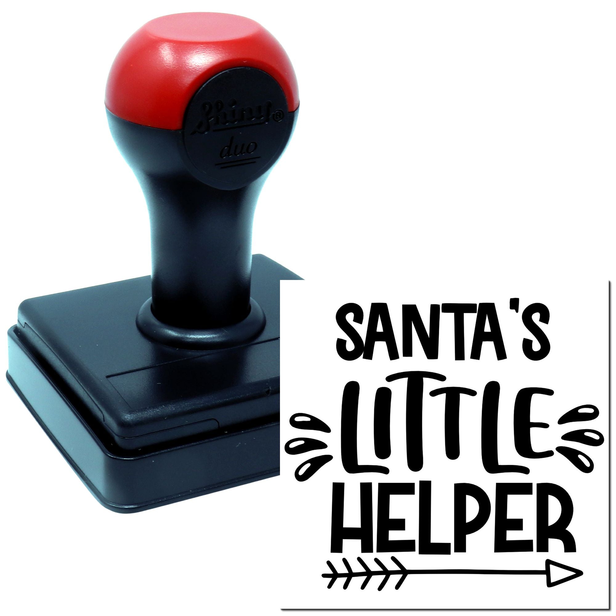 Custom self-inking rubber stamp with Santas Little Helper design for holiday gift wrapping, crafts, and seasonal packaging.
