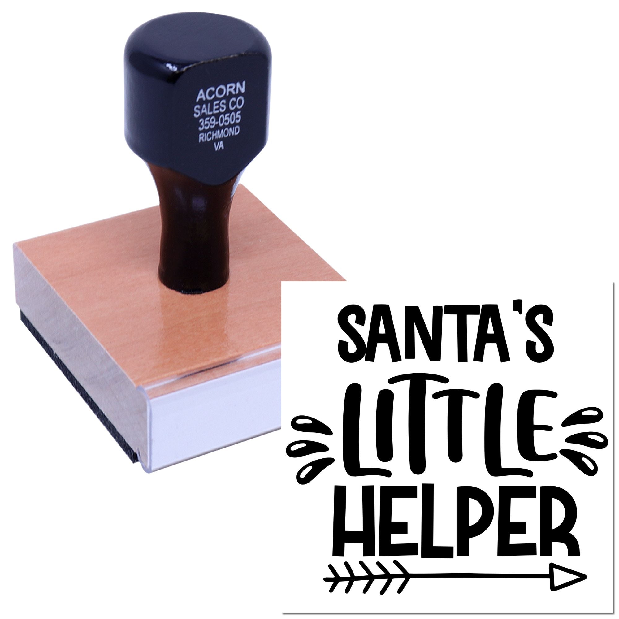 Santas Little Helper holiday rubber stamp on wood block for Christmas crafts, cards, and gift tags