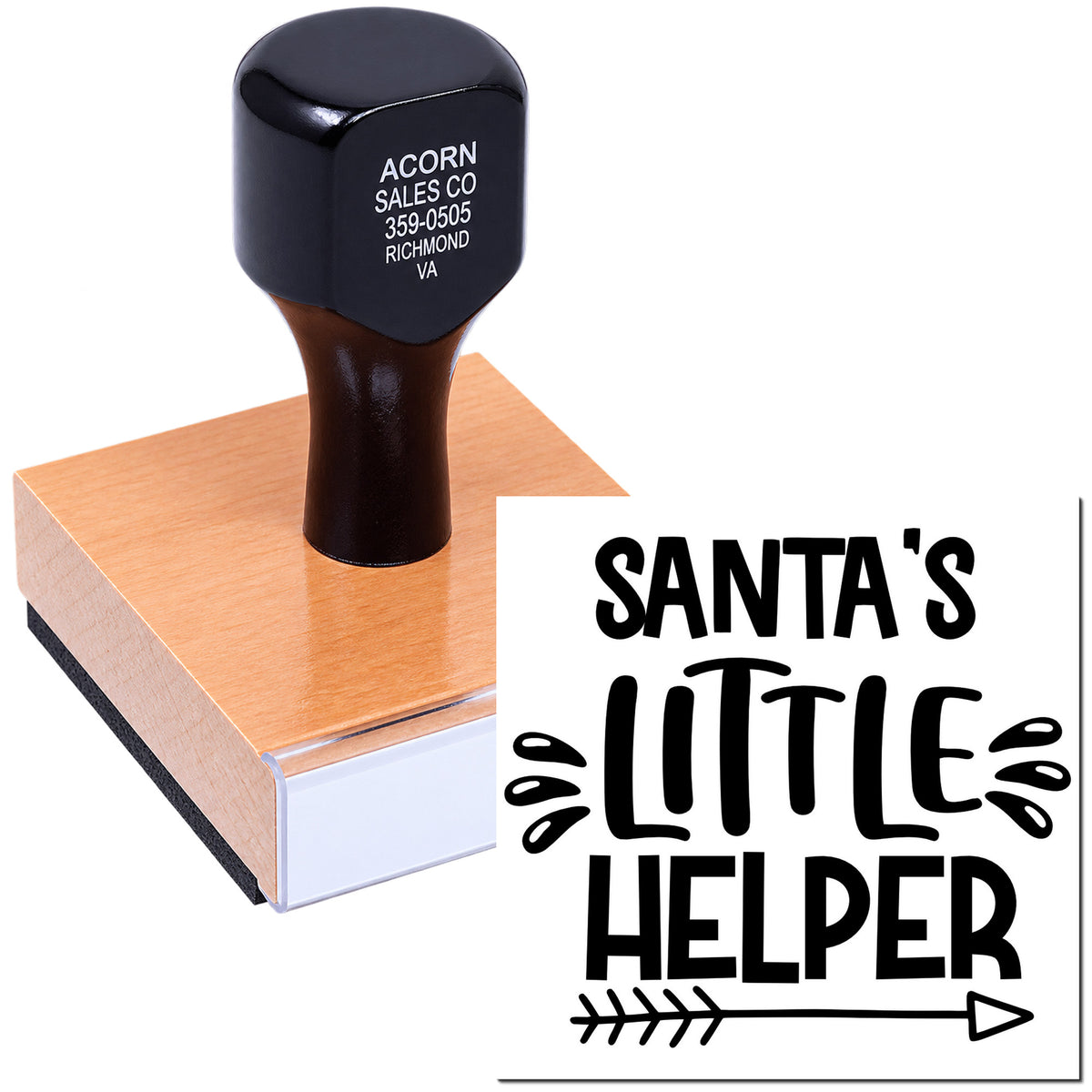 Santas Little Helper holiday rubber stamp on wood block for Christmas crafts, cards, and gift tags