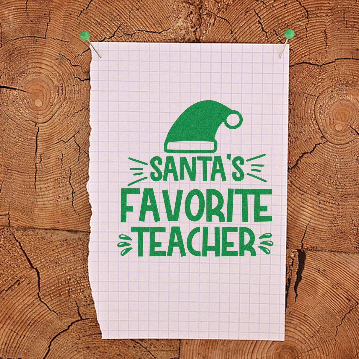 Custom rubber stamp design reading Santas Favorite Teacher with festive hat, perfect for Christmas teacher gifts.