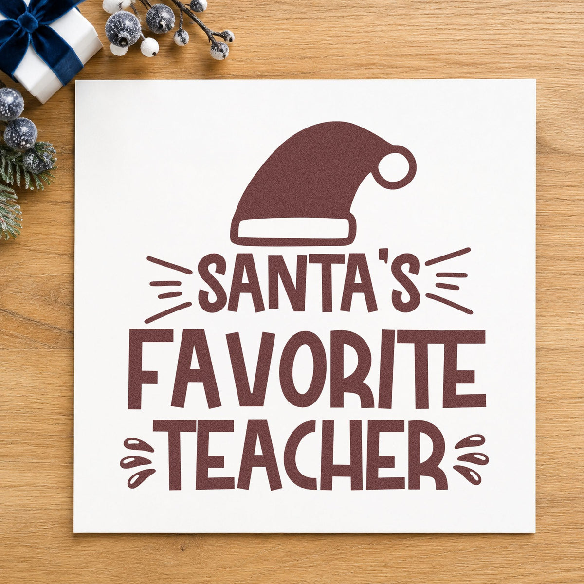 Santa's Favorite Teacher Hat rubber stamp printed in brown ink, ready for wish list sheet and similar paper crafts.
