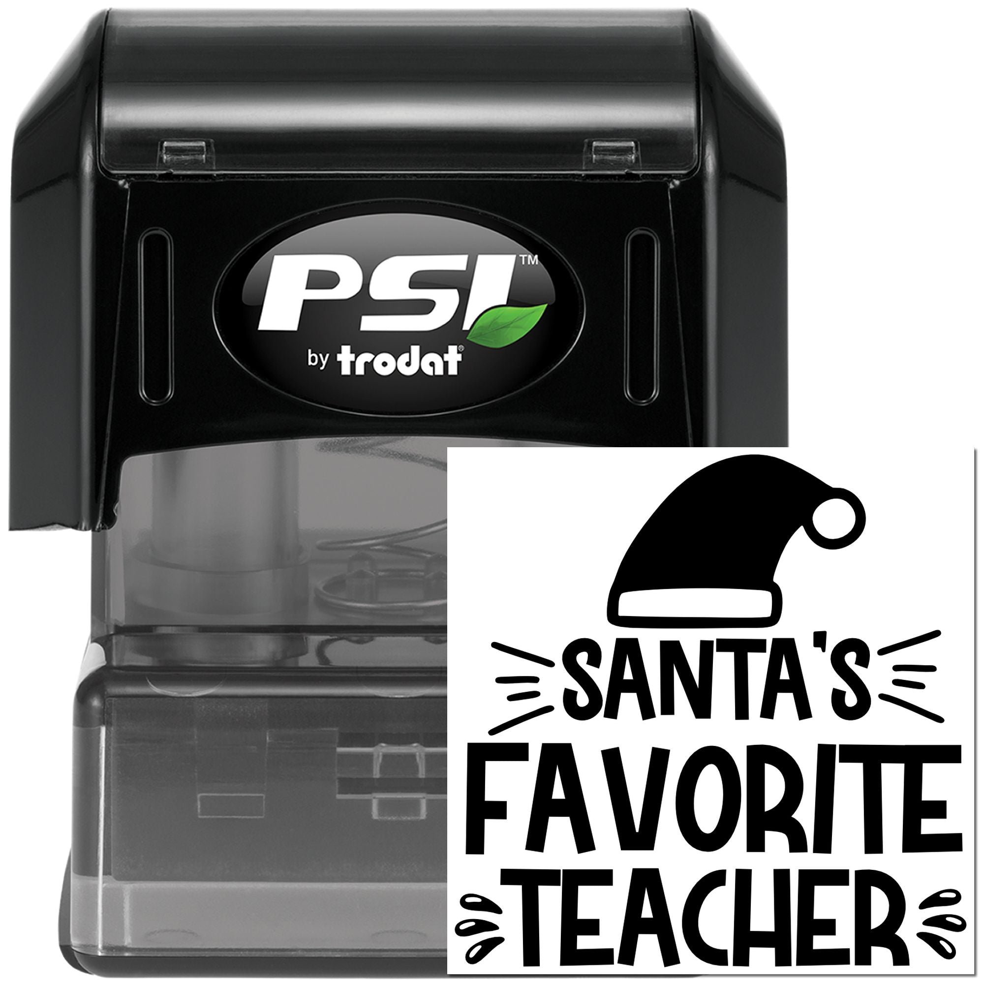Self-inking PSI by Trodat custom rubber stamp with Santas Favorite Teacher design for holiday classroom gifts.