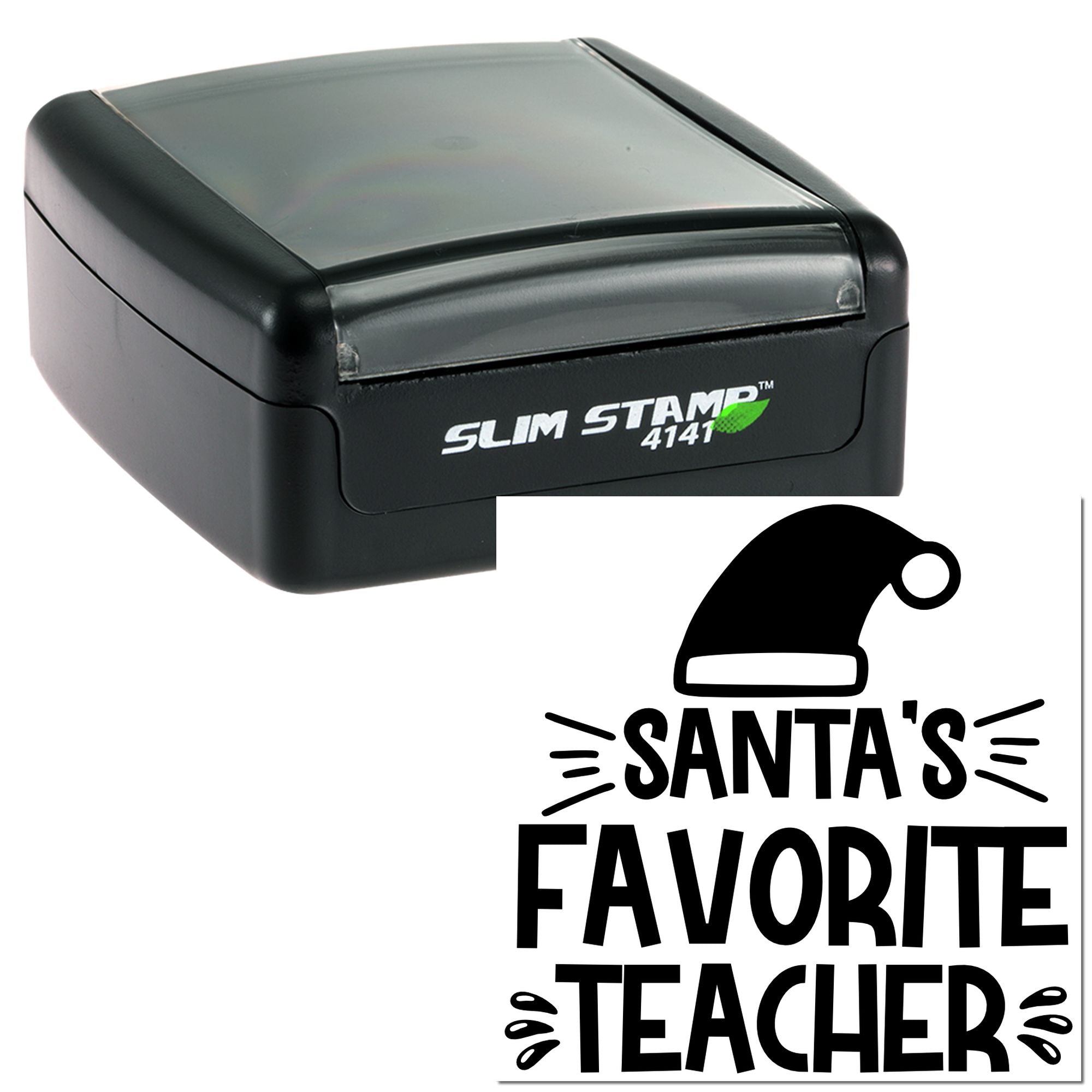 Self-inking custom rubber stamp featuring Santas Favorite Teacher for holiday teacher gifts and classroom projects.