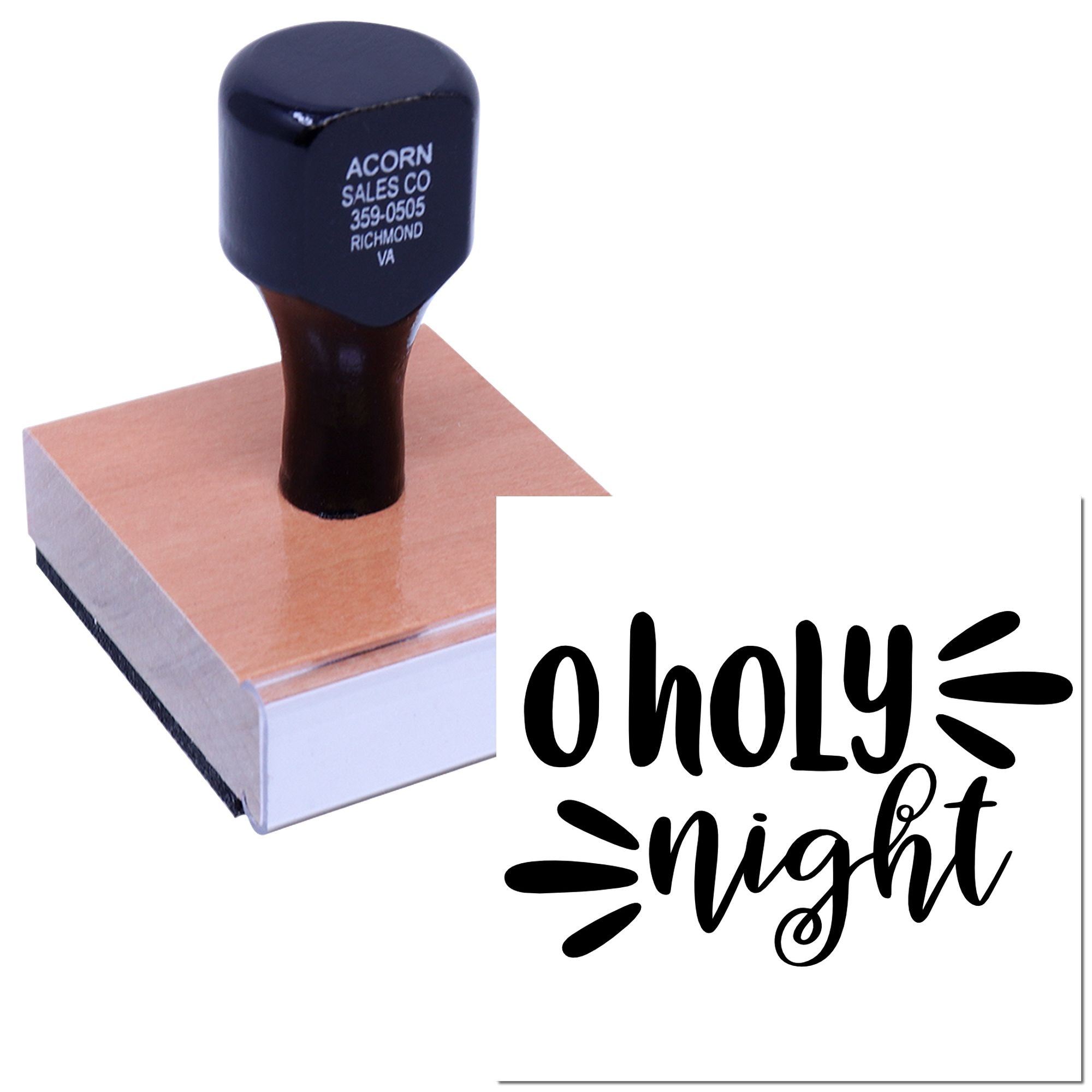 Rubber stamp with Holy Night design on a wooden block for Christmas card making and holiday crafts.