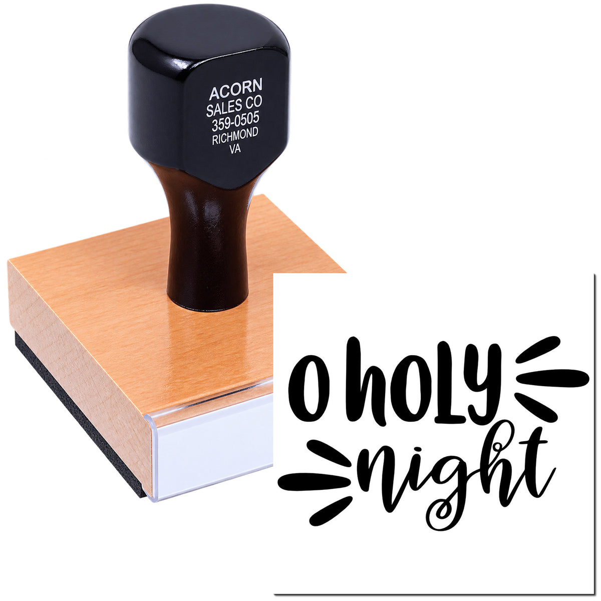 Rubber stamp with Holy Night design on a wooden block for Christmas card making and holiday crafts.
