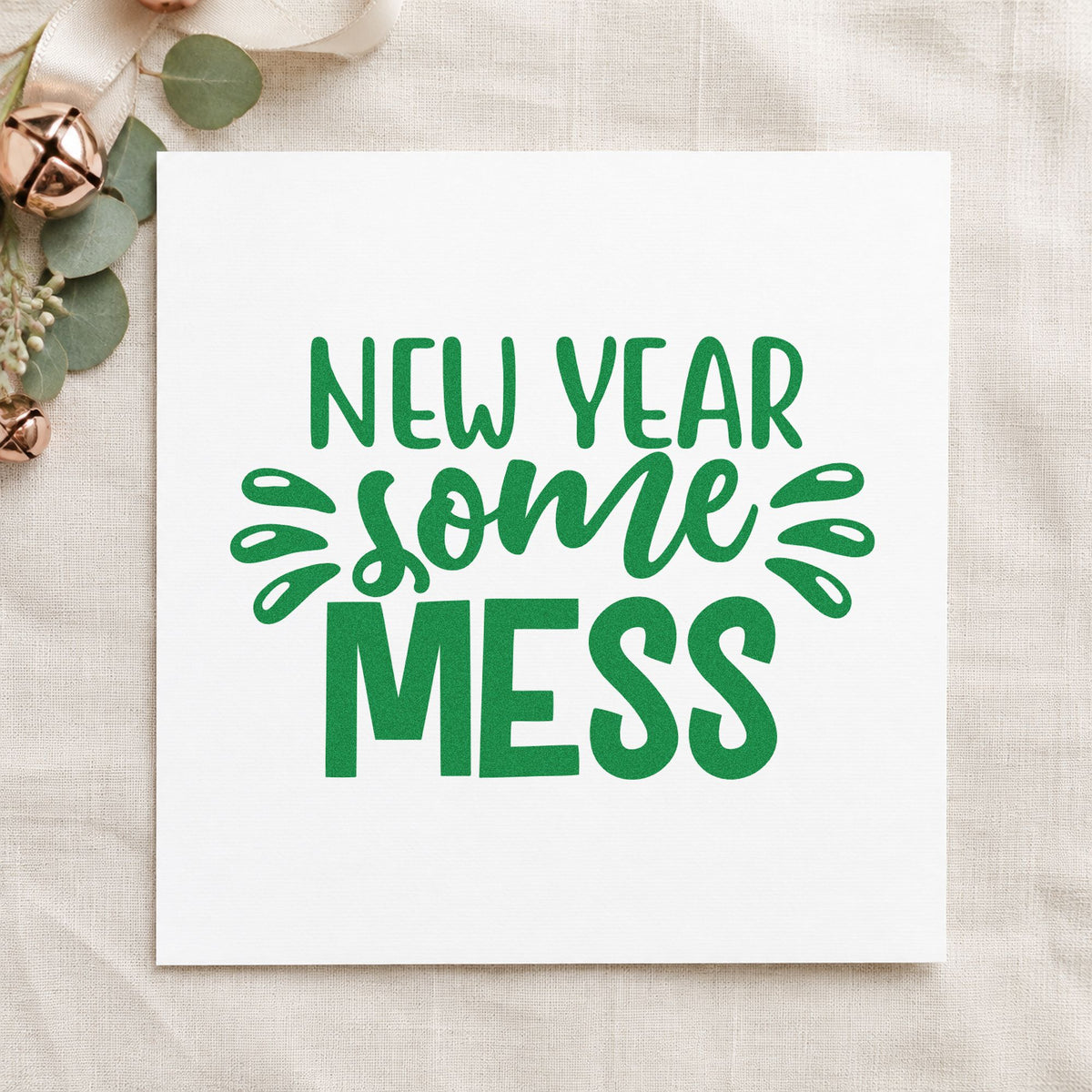 New Year Some Mess craft stamp imprint in green ink on a handmade project, one idea being honest gift tags.