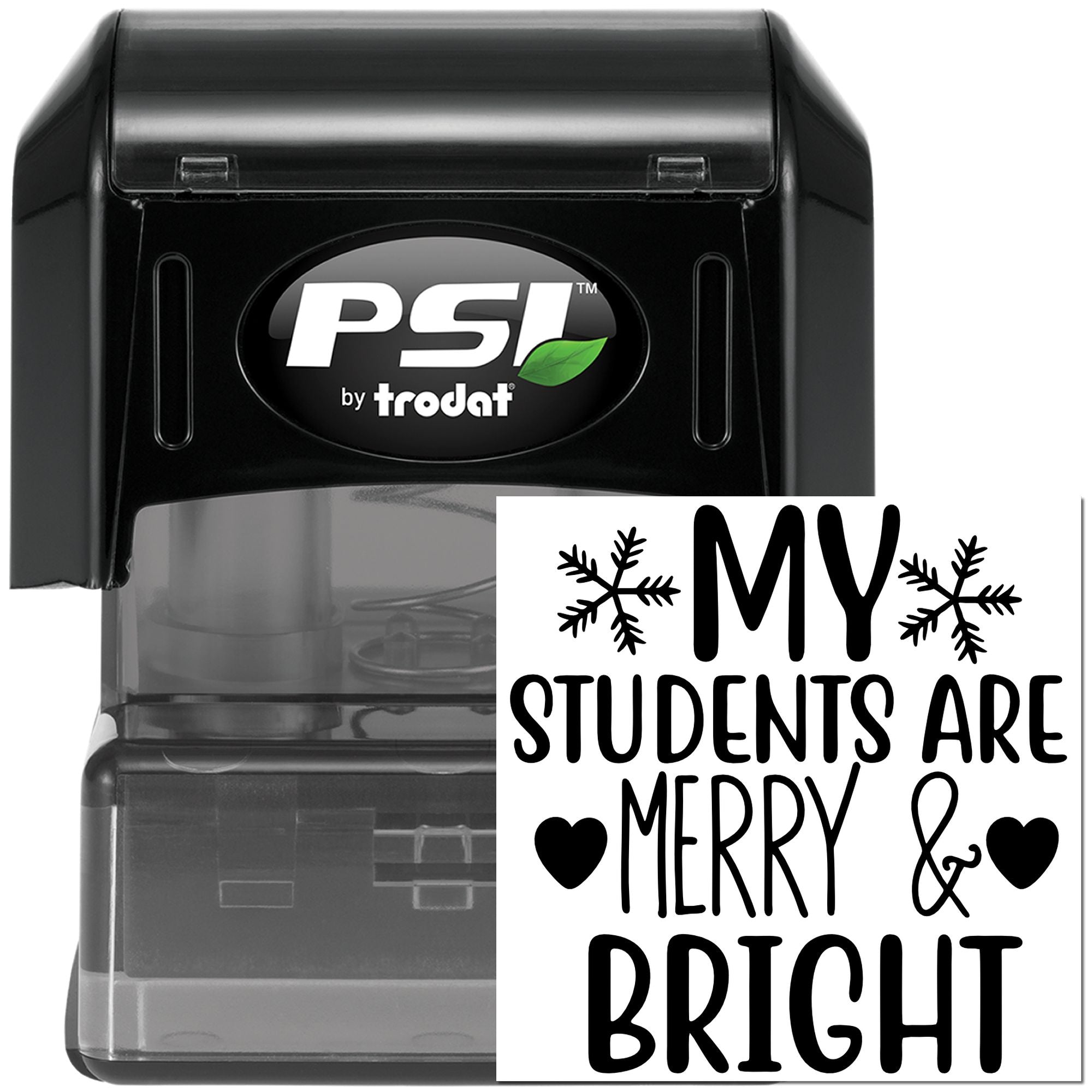 Custom self-inking rubber stamp with My Students Are Merry & Bright holiday message for teachers.