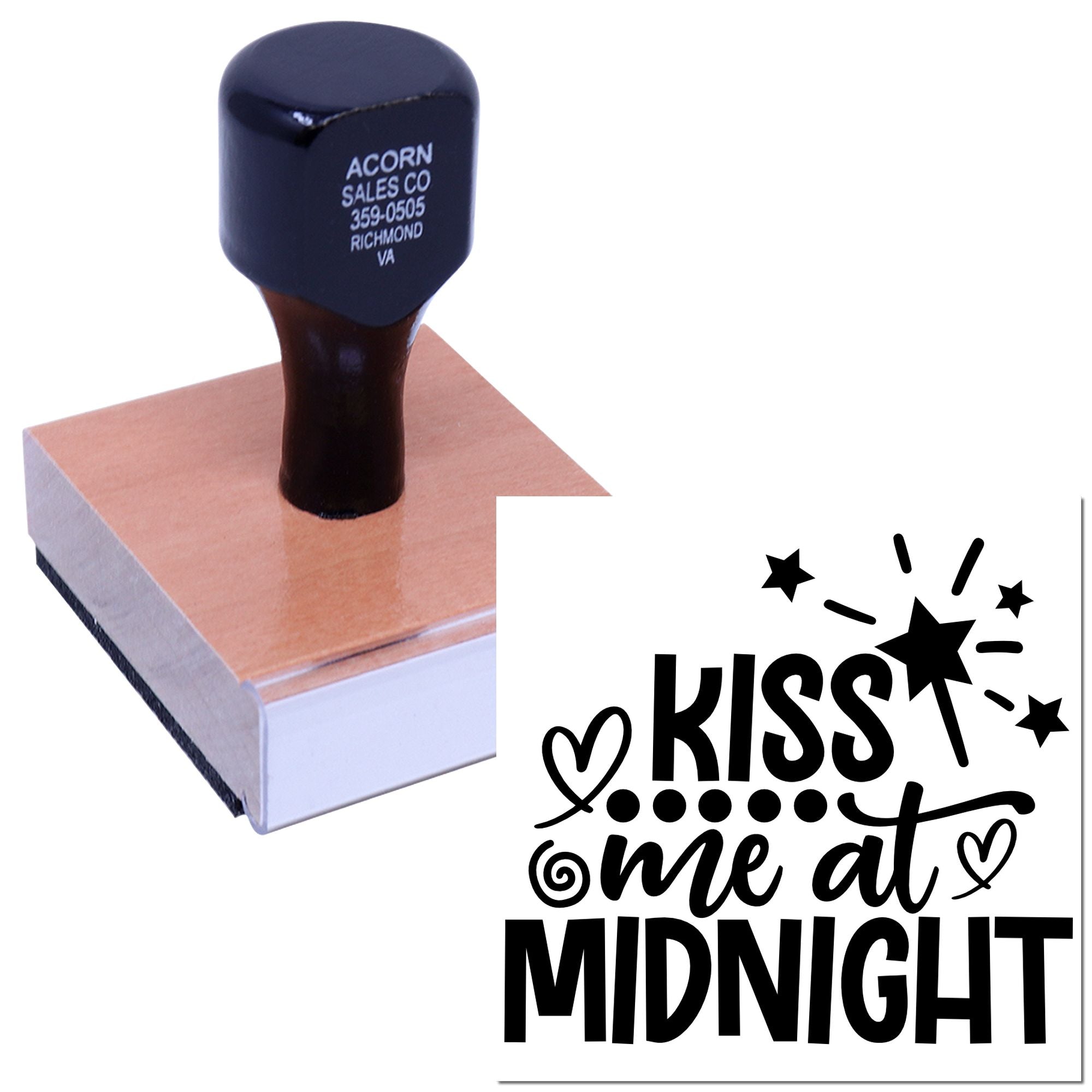 Self-inking rubber stamp with Kiss Me at Midnight design for custom holiday cards, crafts, and event branding.