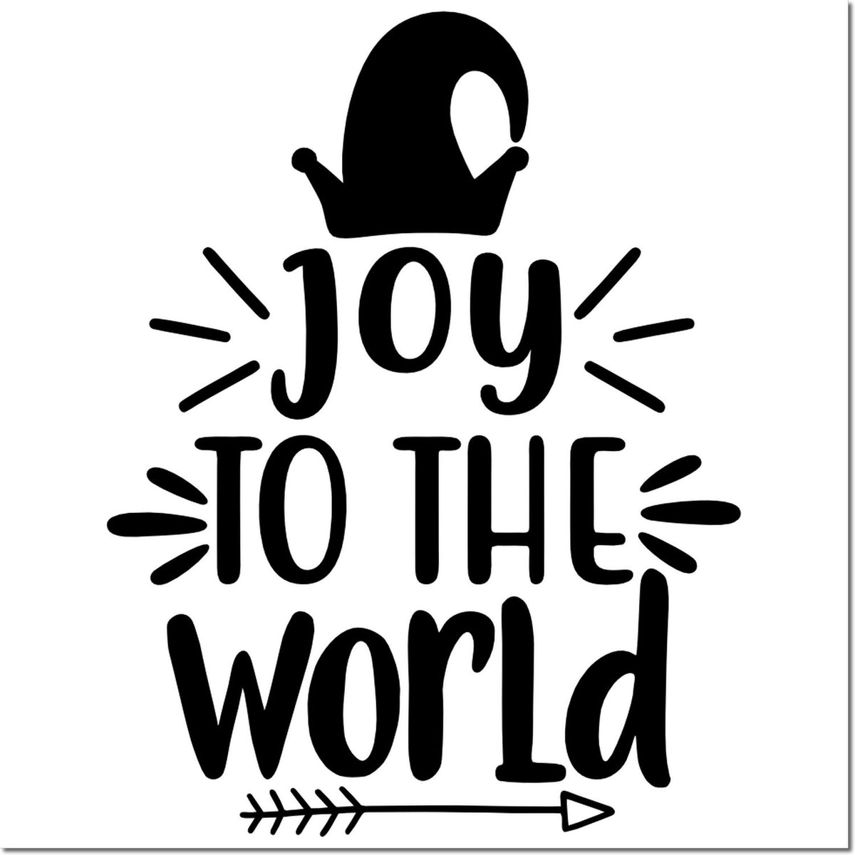 Joy to the World holiday rubber stamp design with elf hat and festive hand-lettered Christmas text for cards and crafts.