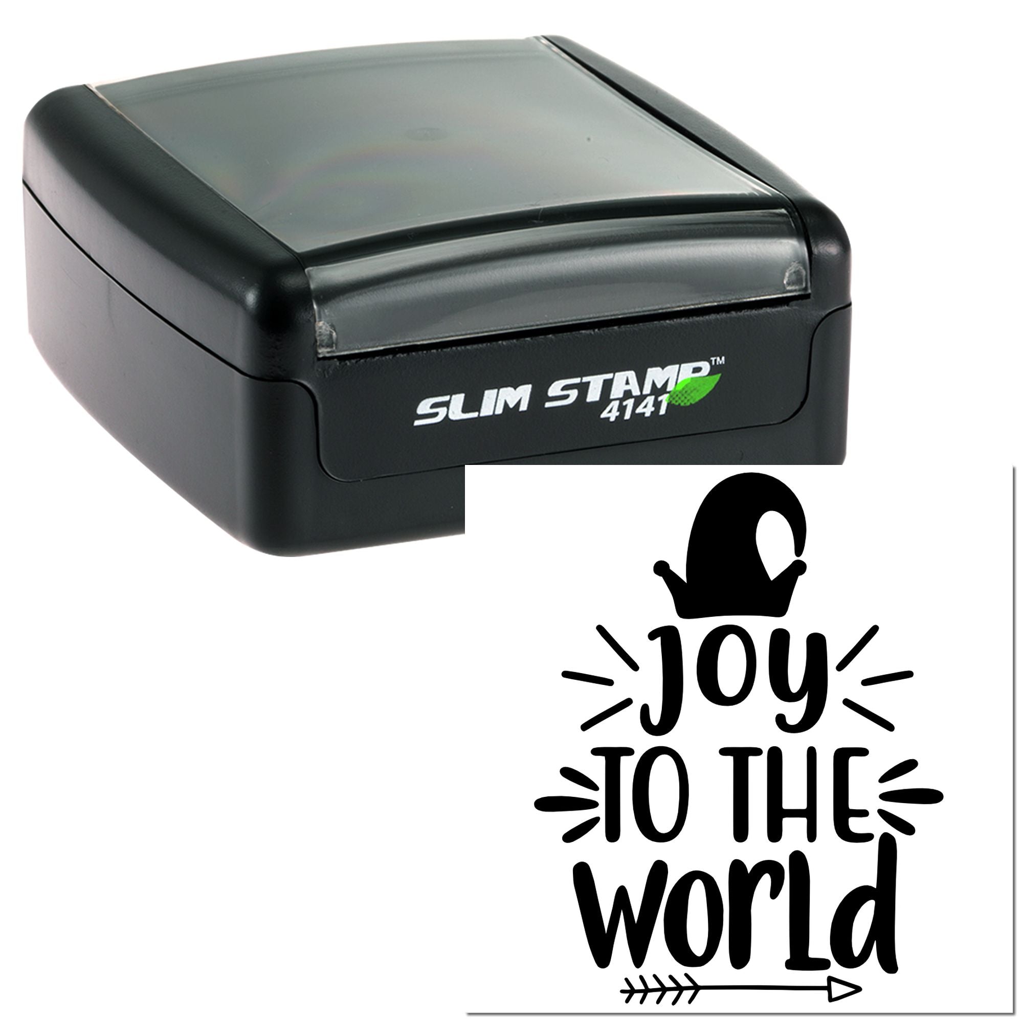 Self-inking rubber stamp with Joy to the World holiday design for festive cards, crafts, and Christmas packaging.