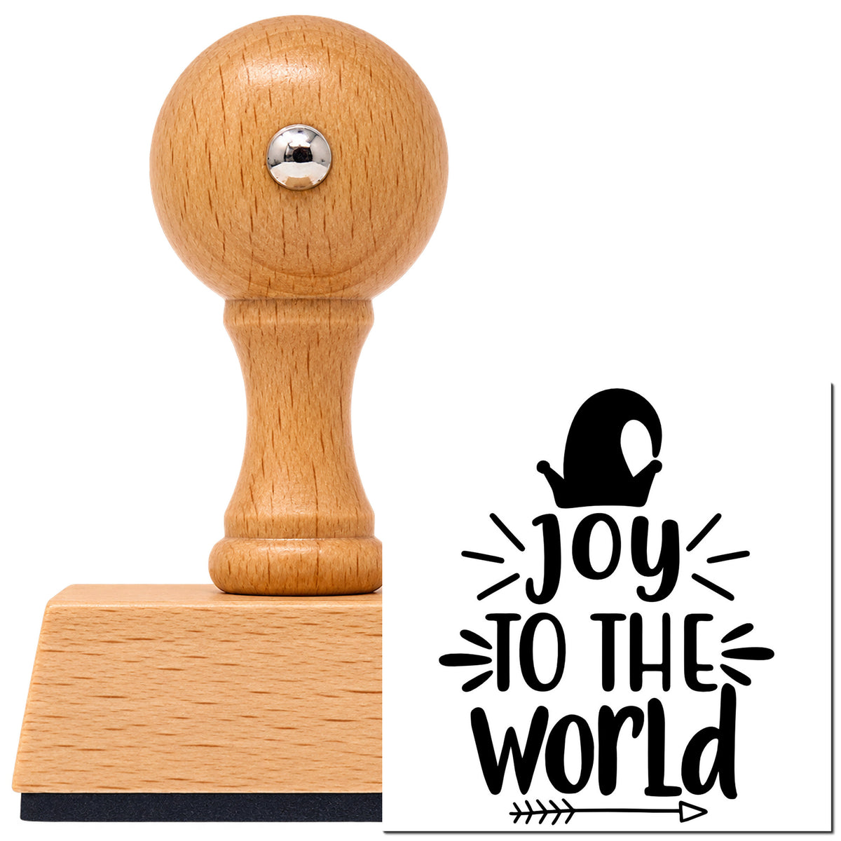Joy To The World Mitten Vintage Pro rubber stamp in European beech wood with a round knob handle, shown beside its black imprint.