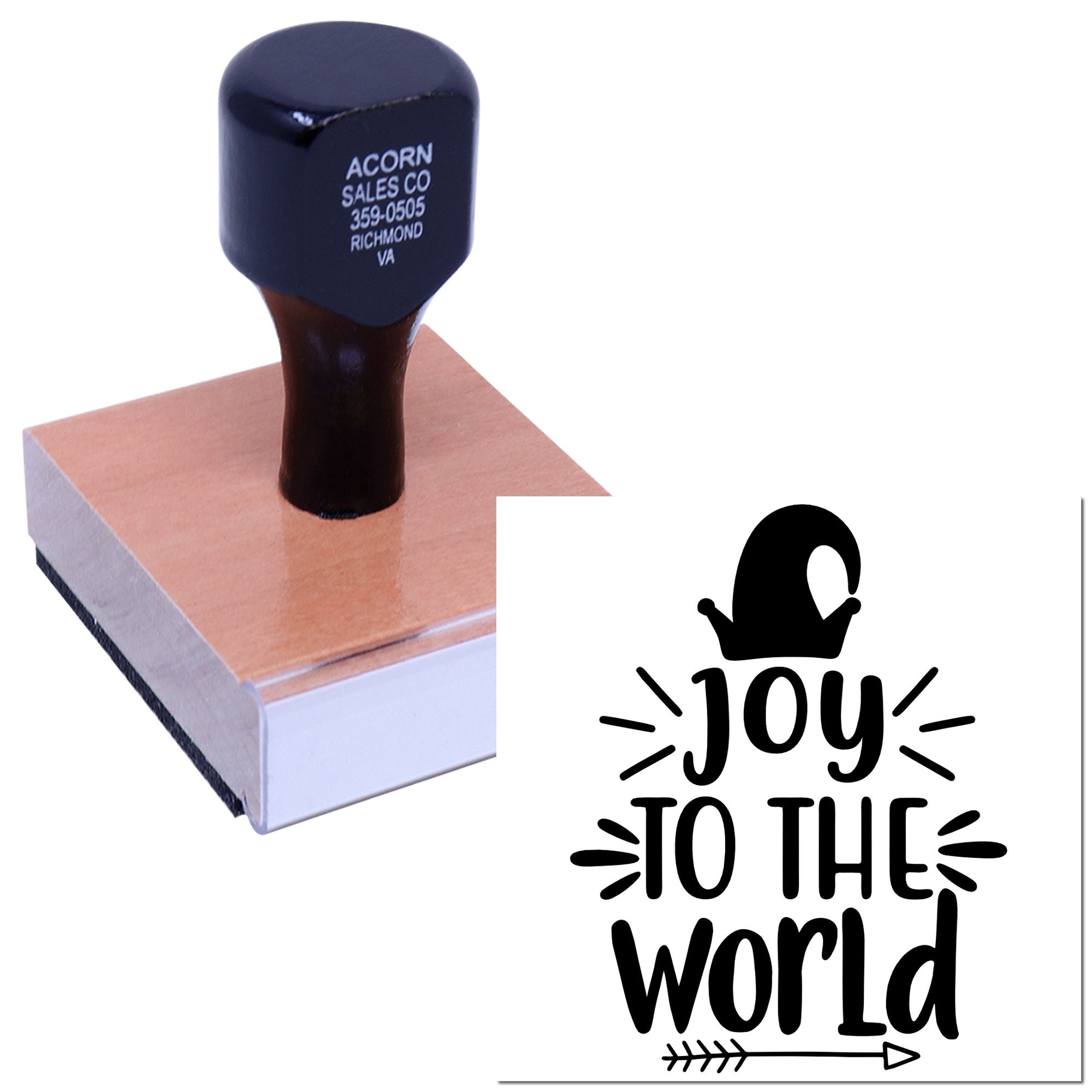 Custom rubber stamp with Joy to the World Christmas design and Santa hat, shown on a mounted stamp block.