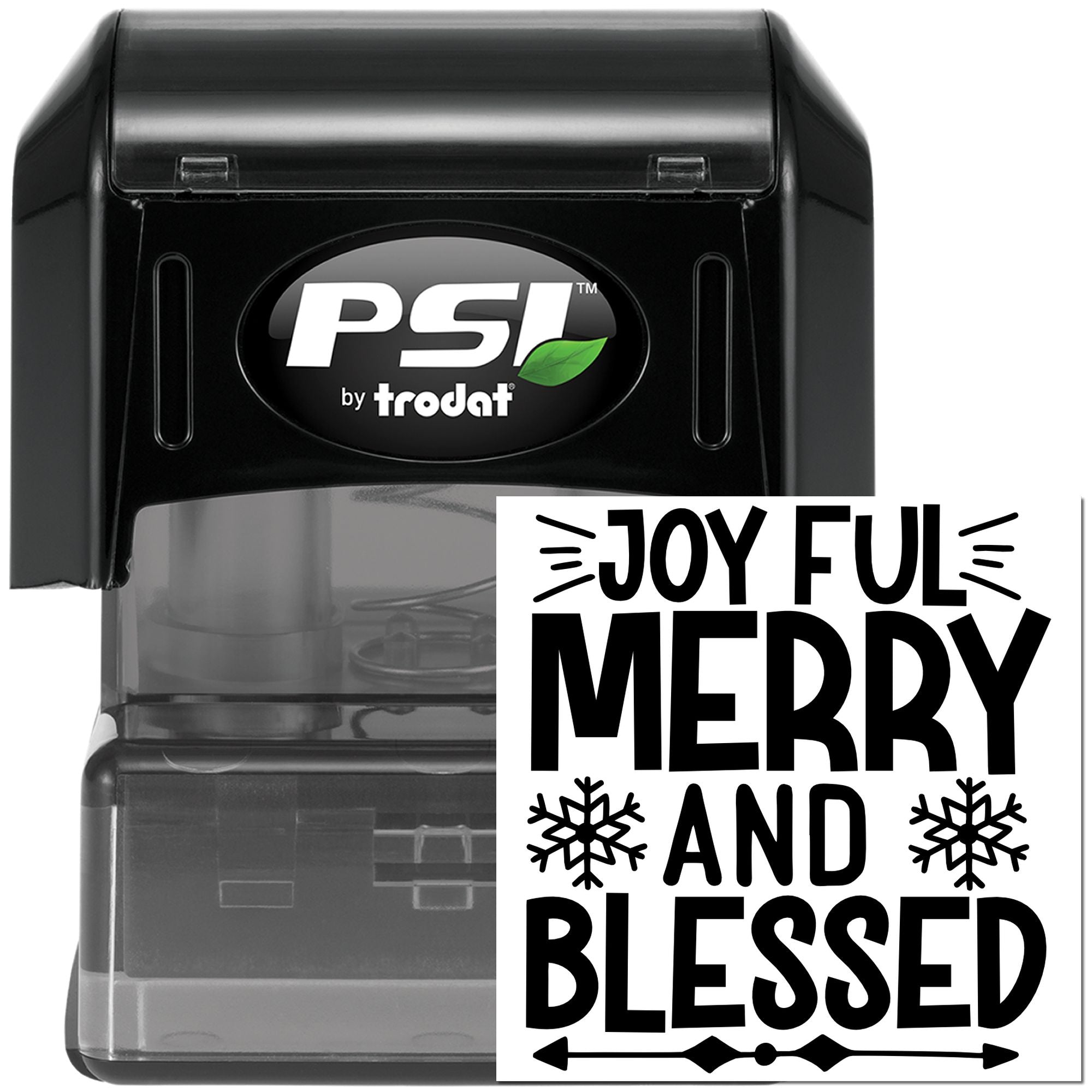 PSI by Trodat self-inking rubber stamp with Joyful, Merry and Blessed holiday phrase and snowflake design.