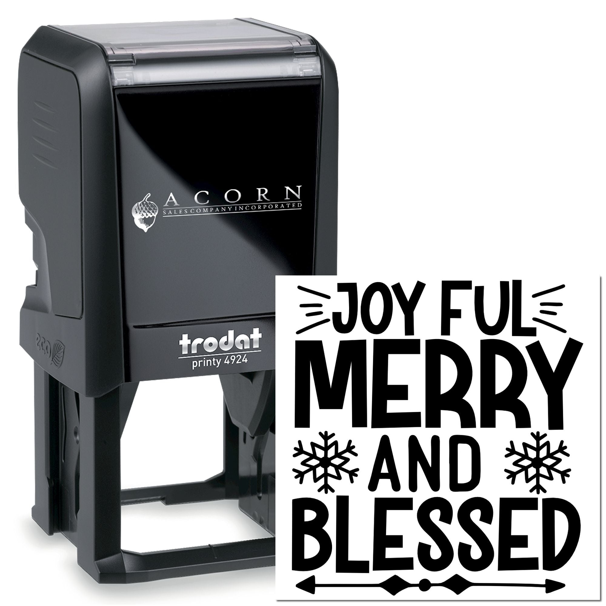 Custom self-inking holiday rubber stamp with Joyful Merry and Blessed design for Christmas cards and packaging.