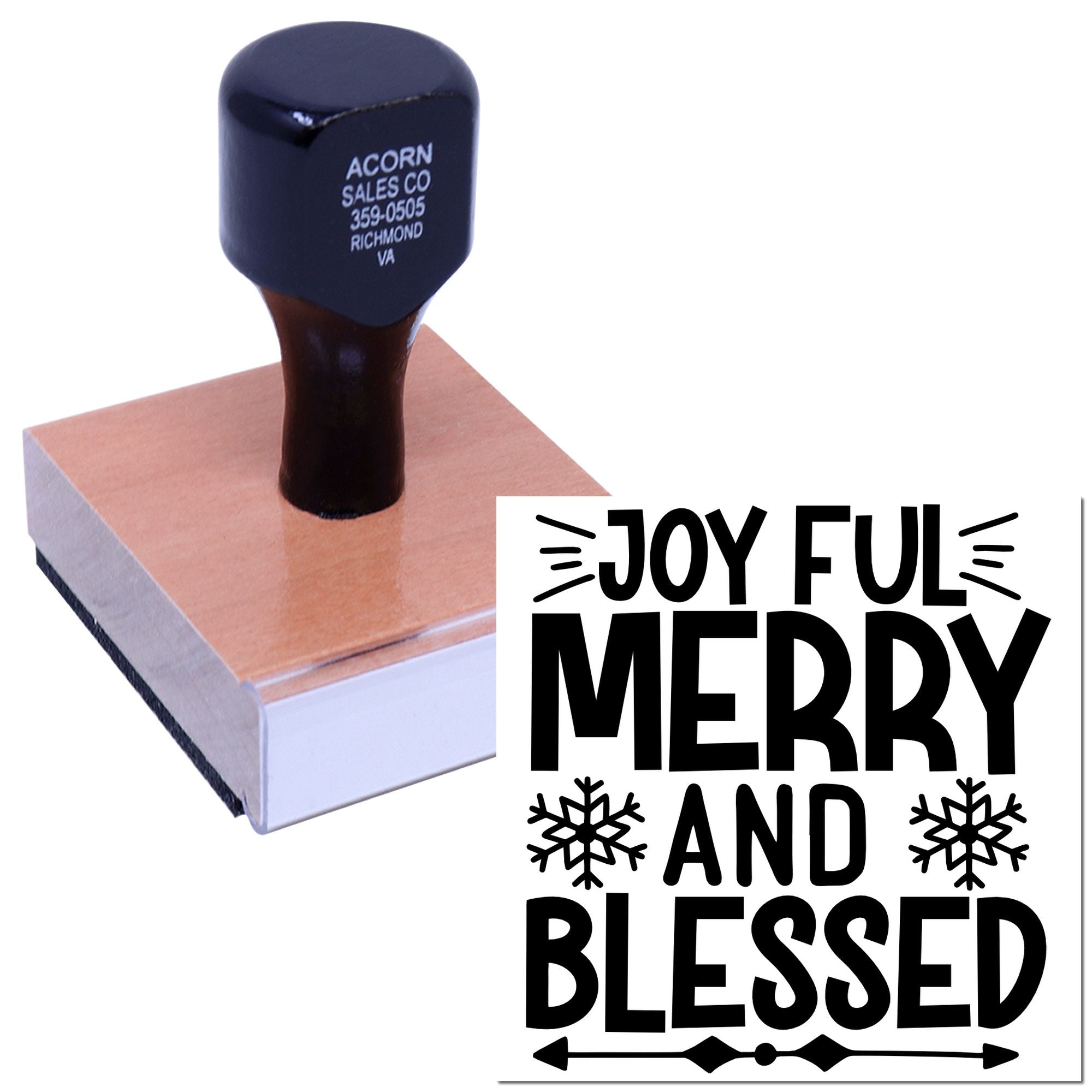 Custom rubber stamp featuring Joyful Merry and Blessed for Christmas cards, holiday crafts, and seasonal packaging.