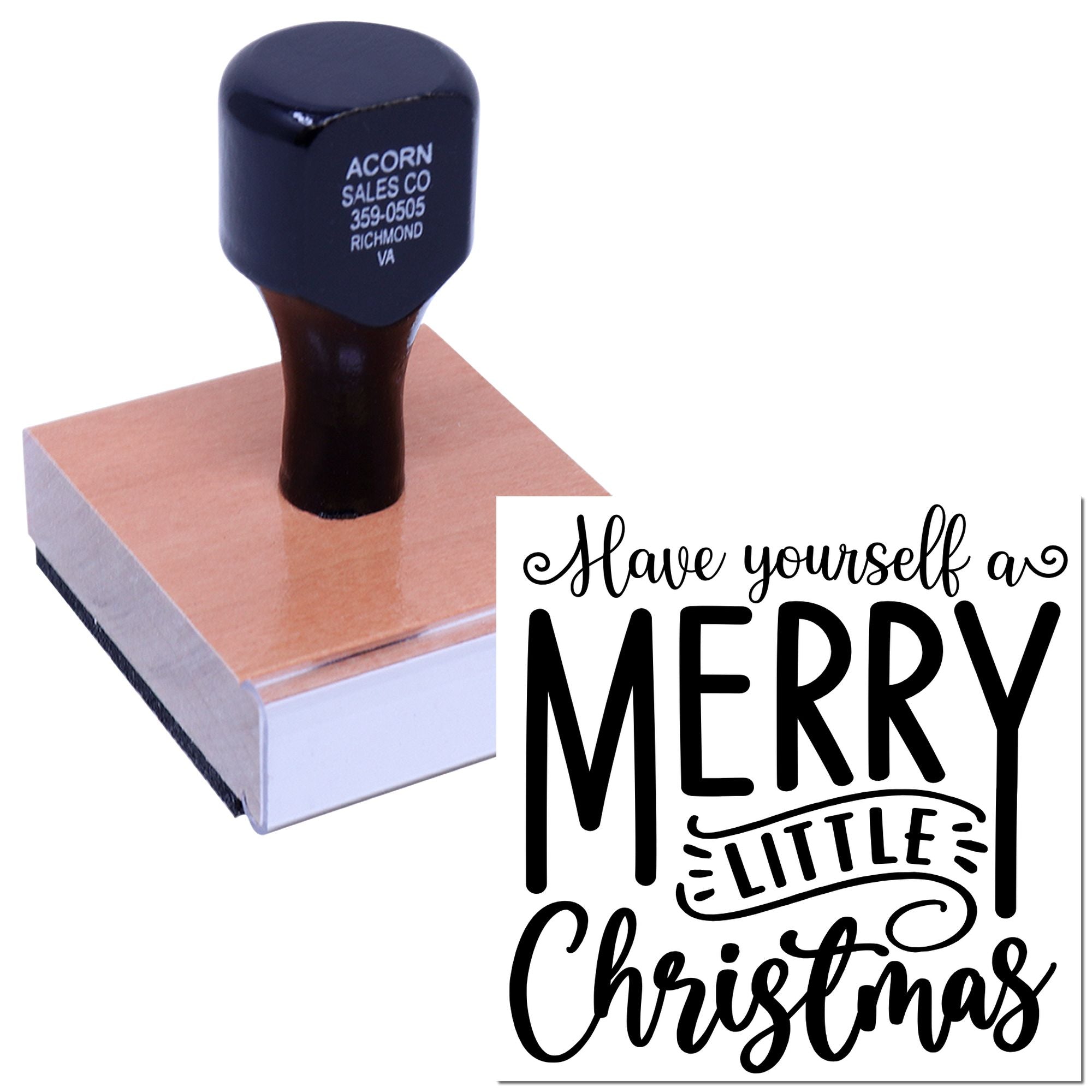 Custom rubber stamp for holiday cards with Have Yourself a Merry Little Christmas design on a wood-mounted stamp.
