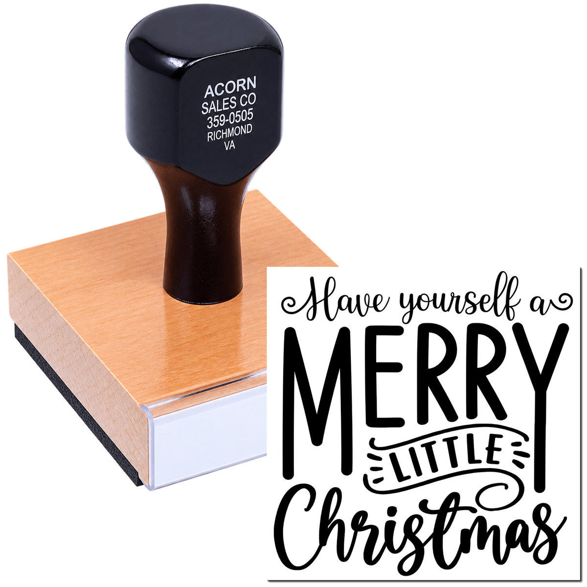 Custom rubber stamp for holiday cards with Have Yourself a Merry Little Christmas design on a wood-mounted stamp.