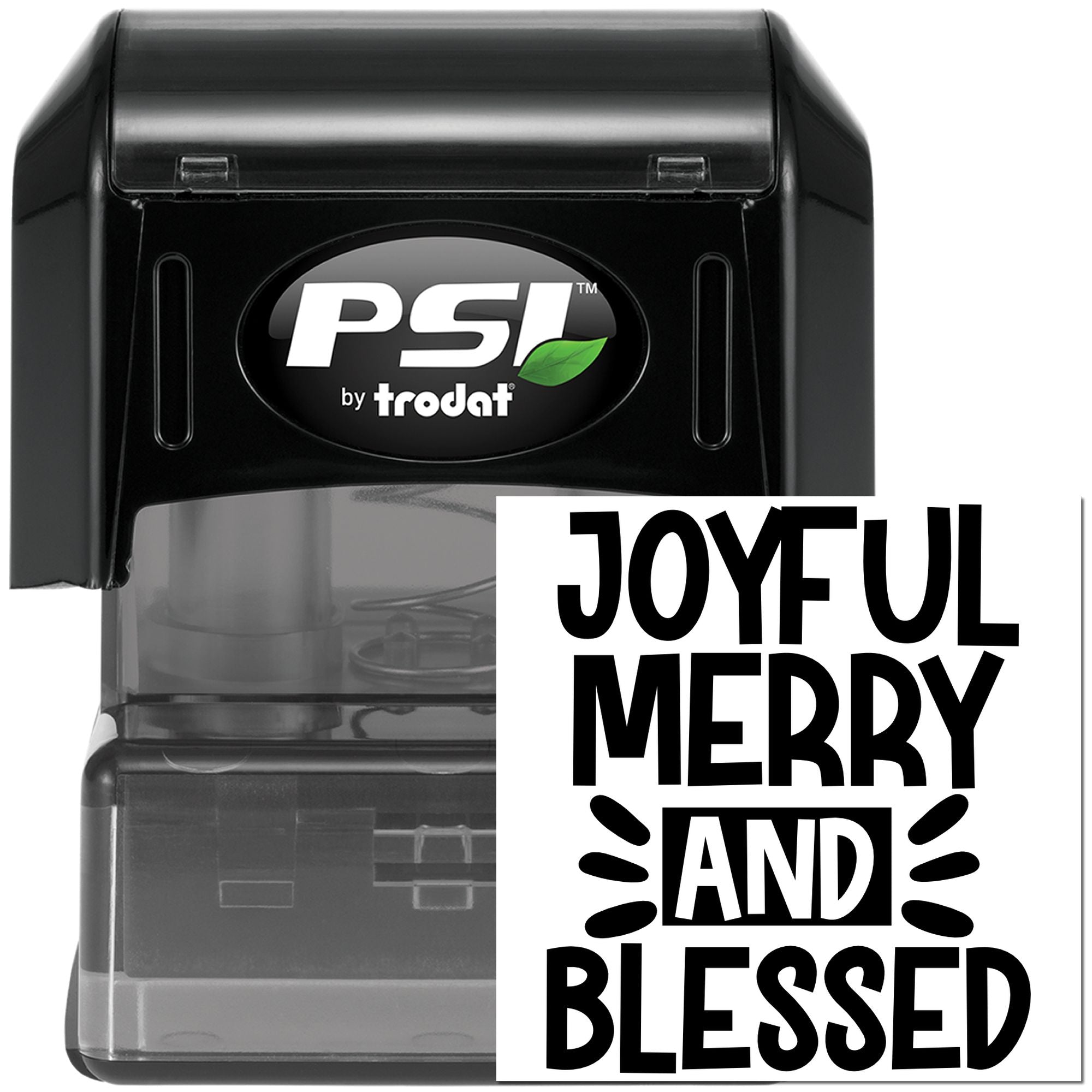 PSI by Trodat self-inking rubber stamp with Joyful Merry and Blessed impression for holiday cards and gift packaging