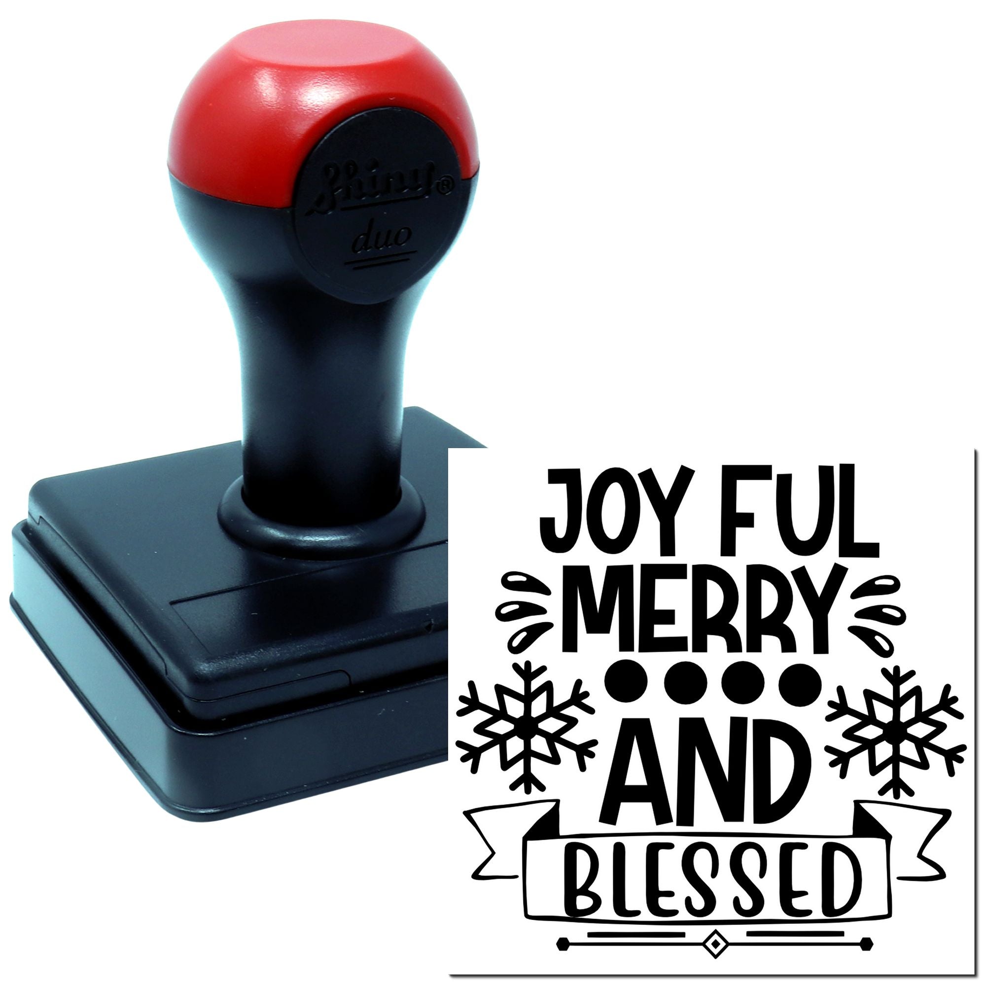 Self-inking Christmas rubber stamp with Joyful Merry and Blessed design for holiday cards and crafts.