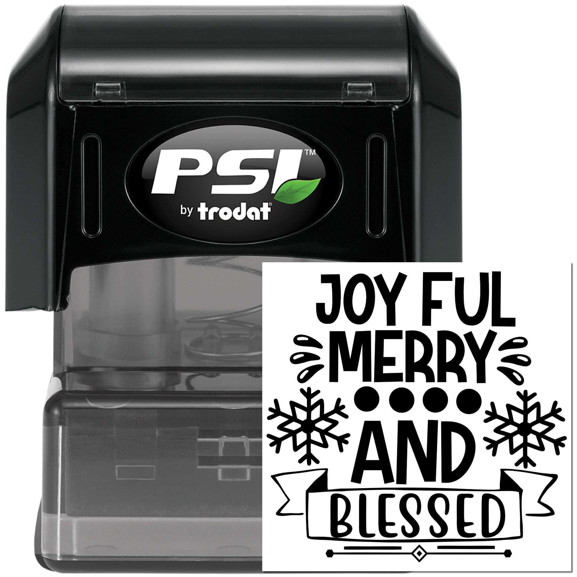 PSI by Trodat self-inking rubber stamp with Joyful, Merry and Blessed holiday greeting design.