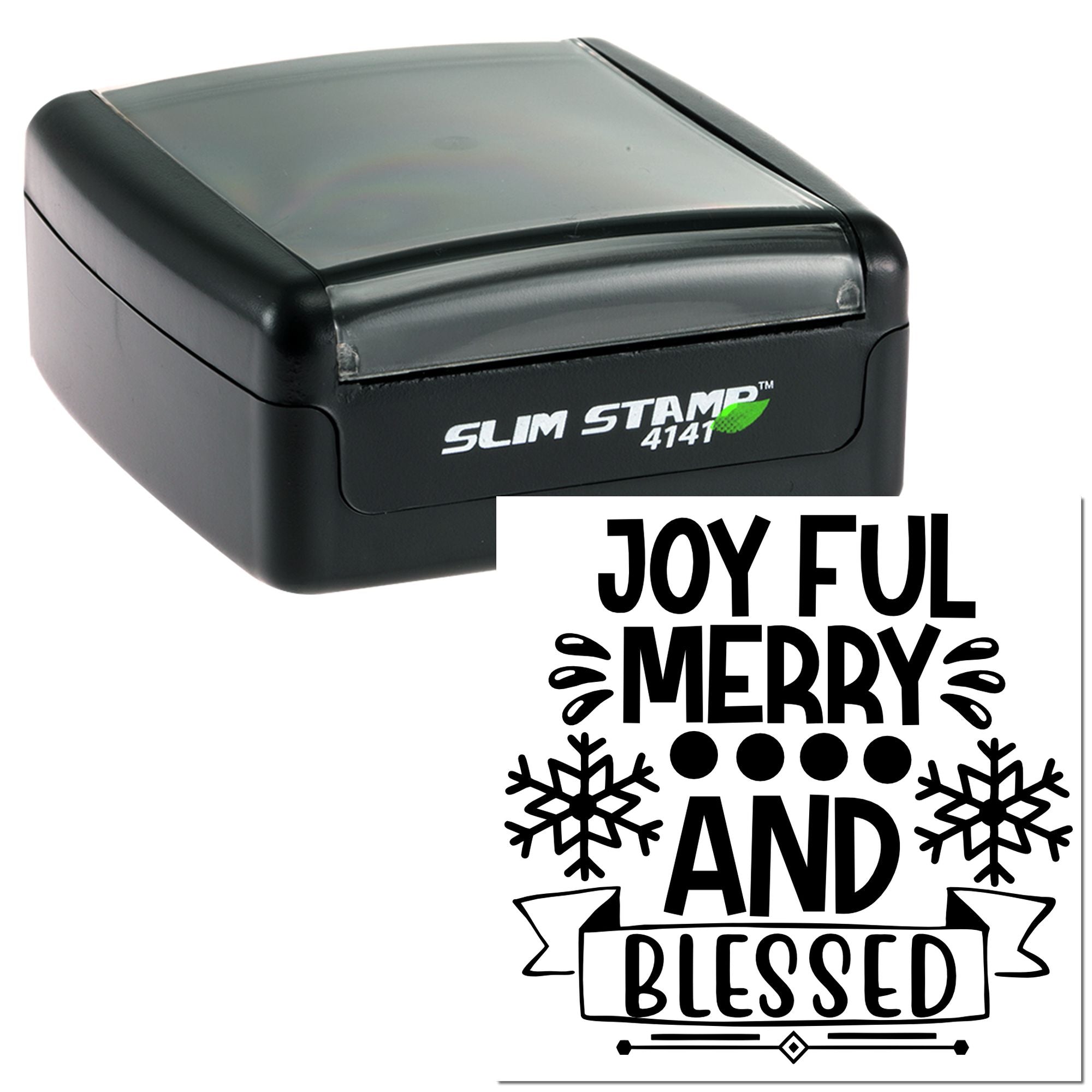 Self-inking rubber stamp with Joyful Merry and Blessed Christmas greeting and snowflake design for holiday crafts.