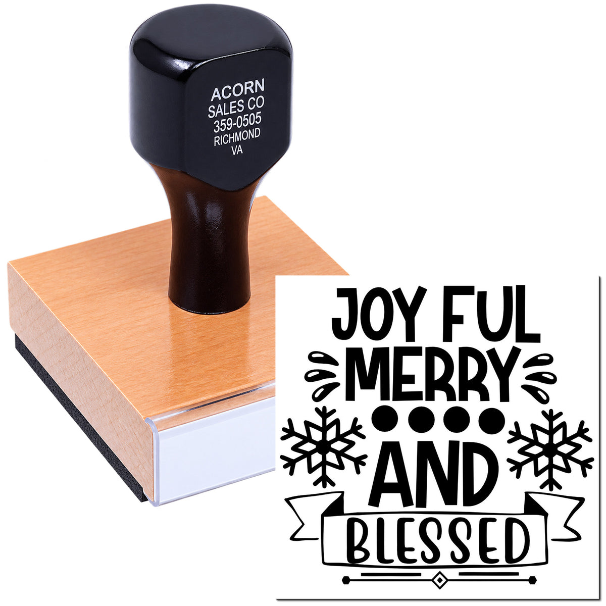Christmas rubber stamp with Joyful Merry and Blessed holiday design and snowflakes for handmade cards and crafts.