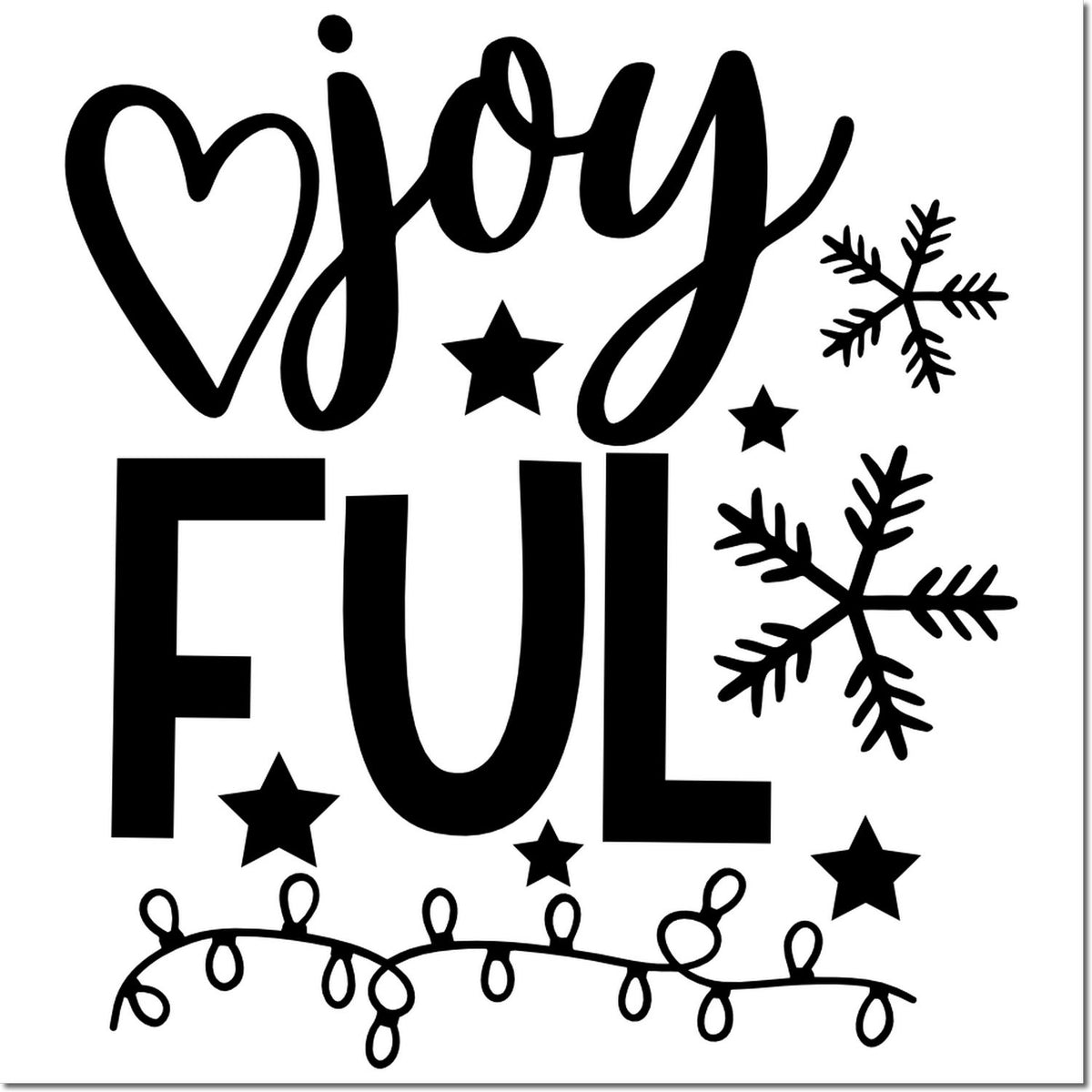 Joyful Christmas rubber stamp design with bold lettering, snowflakes, stars, and string lights.
