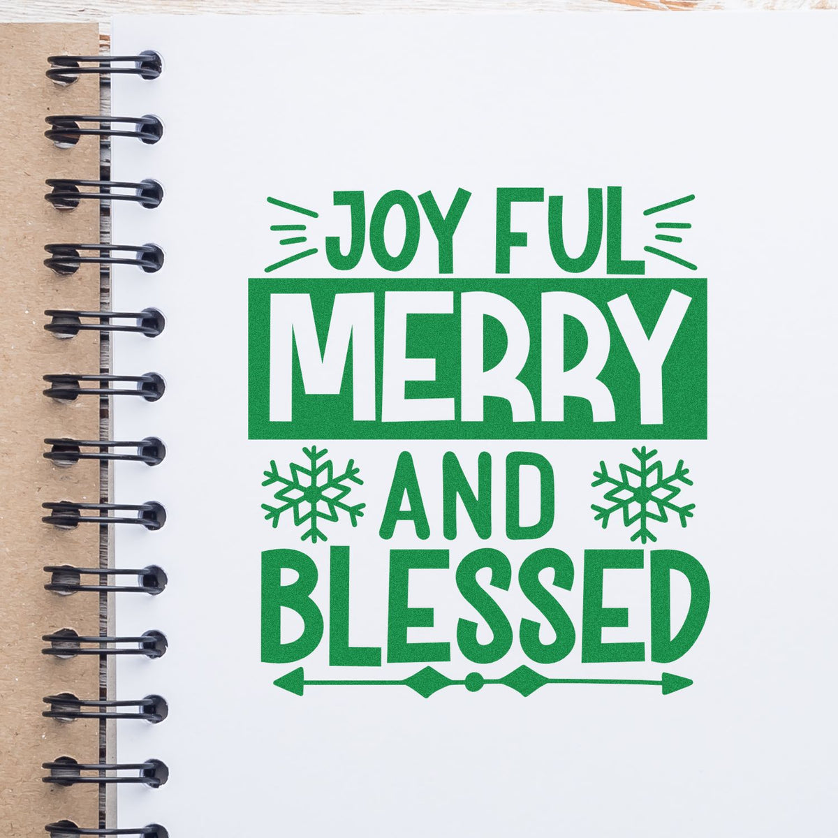 Joyful Merry and Blessed holiday rubber stamp design with snowflakes, perfect for Christmas cards and seasonal crafts.