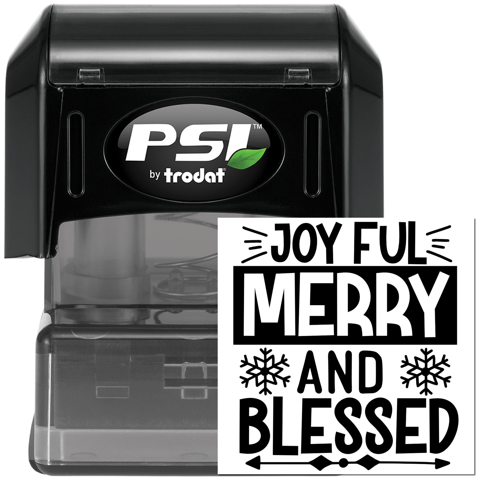 Self-inking custom rubber stamp with Joyful, Merry and Blessed Christmas greeting for holiday cards and crafts