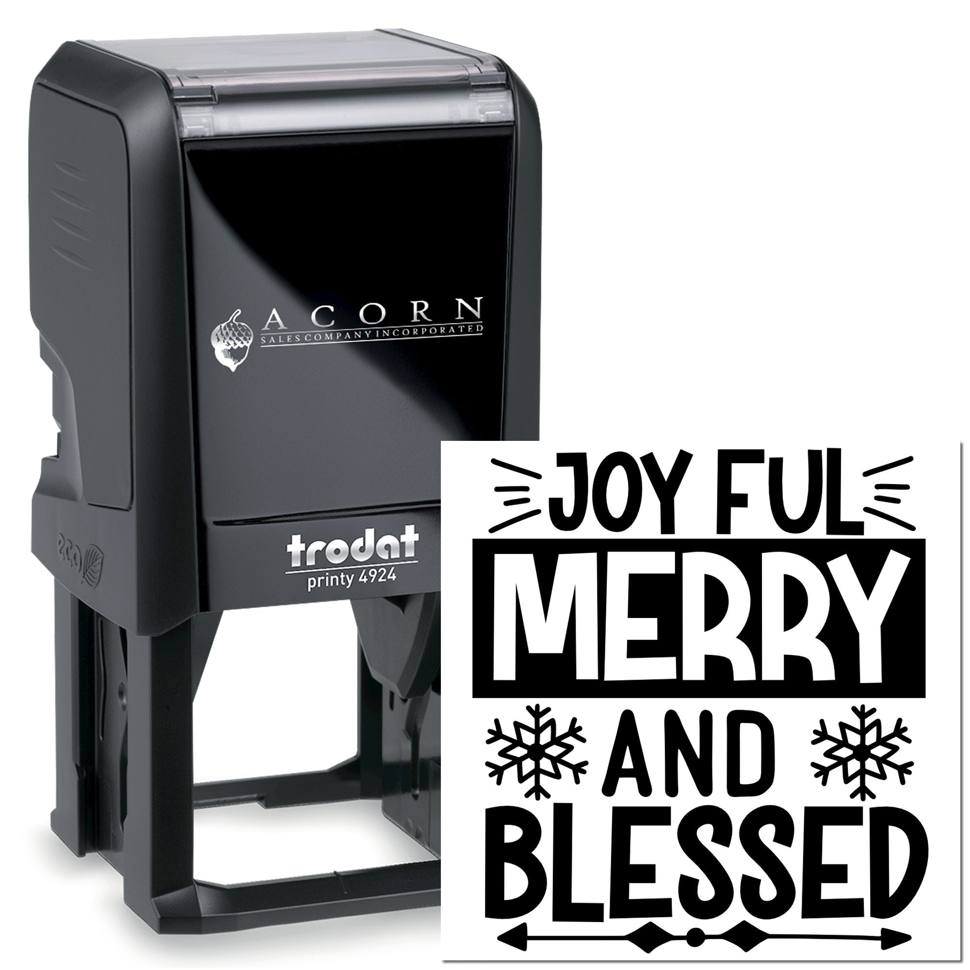 Self-inking rubber stamp with festive Joyful, Merry and Blessed holiday design for Christmas cards and packaging.