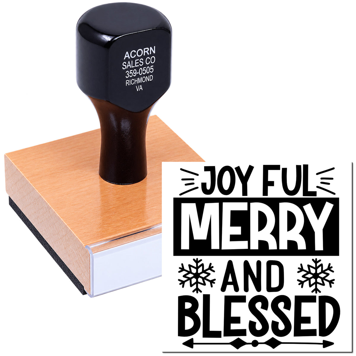 Holiday rubber stamp with Joyful Merry and Blessed design for Christmas cards, scrapbooking, and festive crafts.
