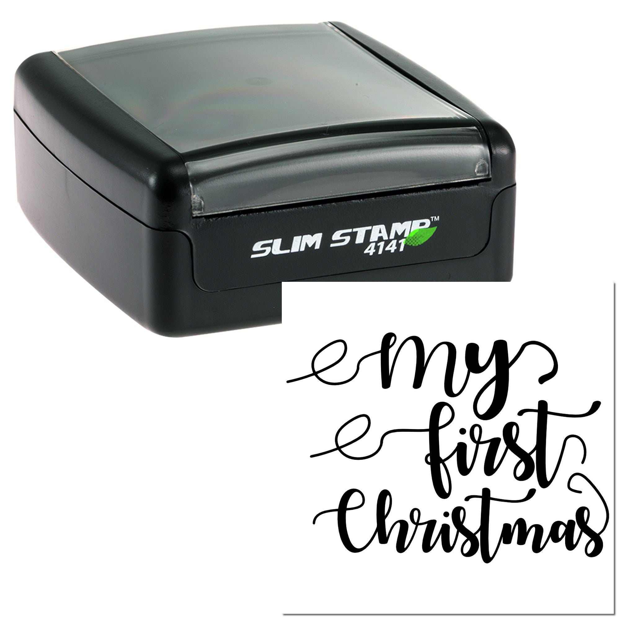 Slim Stamp 4141 self-inking rubber stamp with my first Christmas script for custom holiday baby announcement crafts.