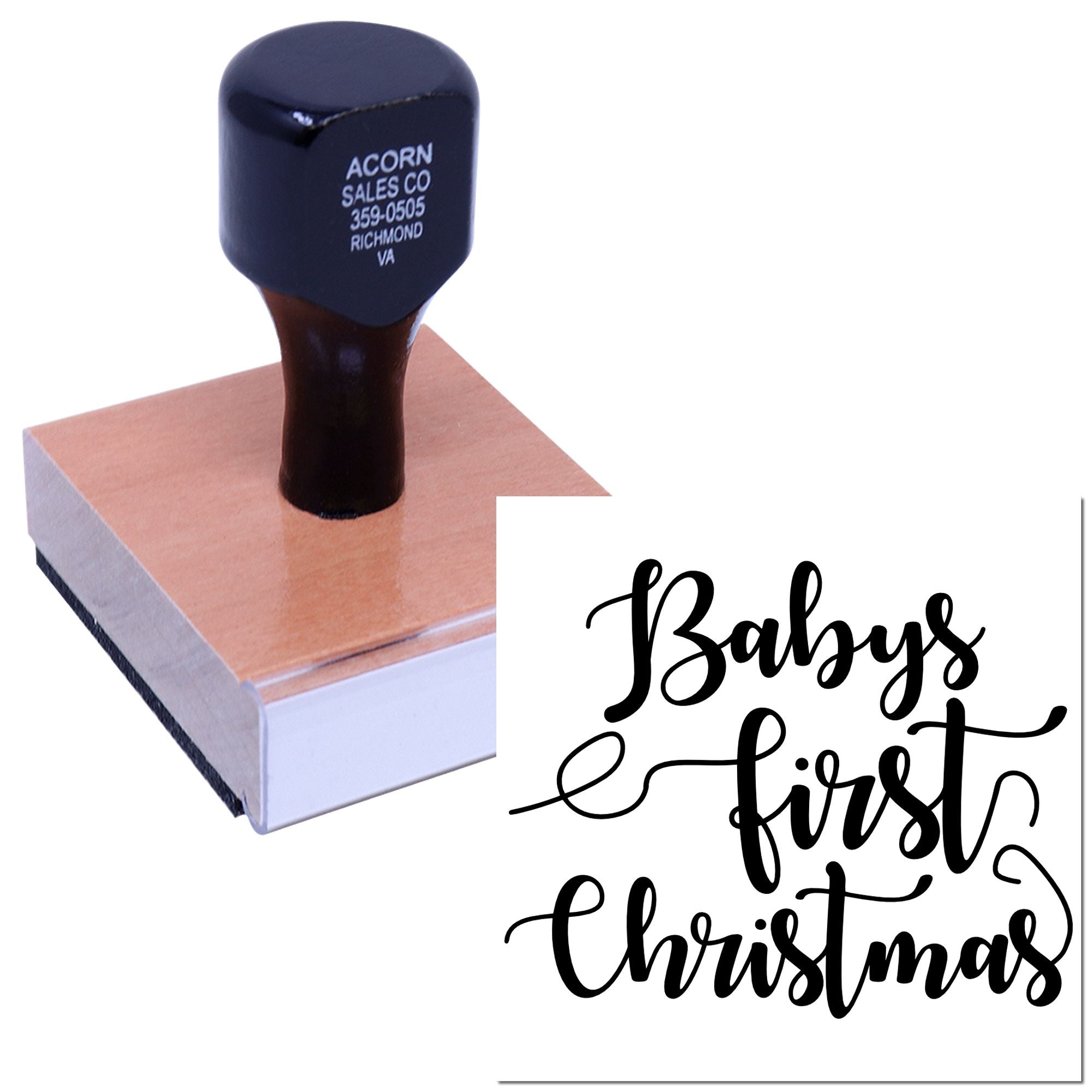 Custom rubber stamp for Babys First Christmas holiday cards, crafts, and keepsake packaging.