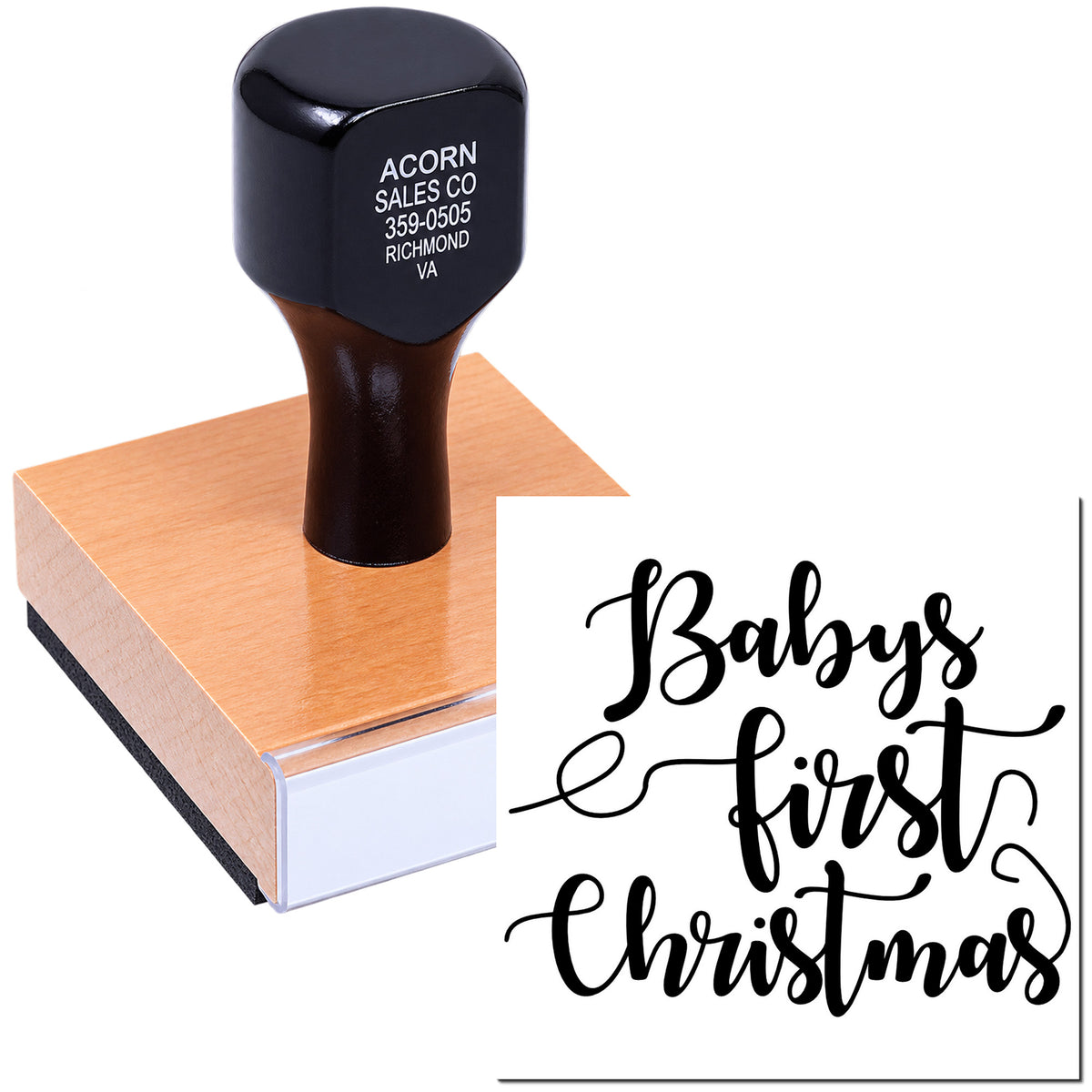 Custom rubber stamp for Babys First Christmas holiday cards, crafts, and keepsake packaging.
