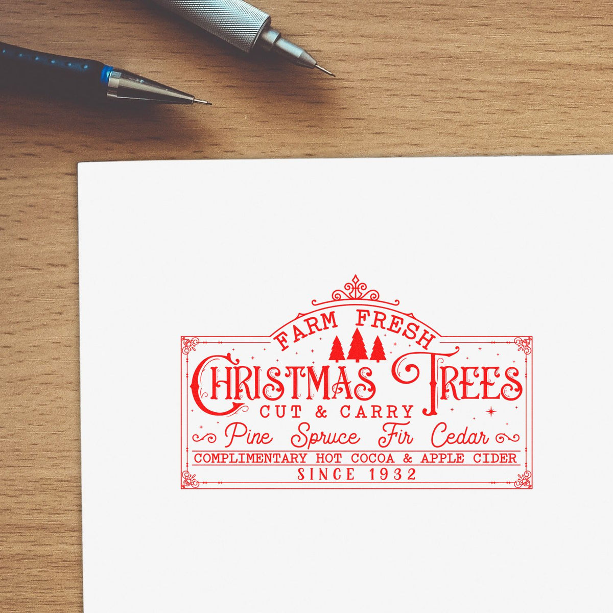 Custom rubber stamp design for Farm Fresh Christmas Trees, featuring vintage holiday text, pine, spruce, fir, cedar, and cocoa.