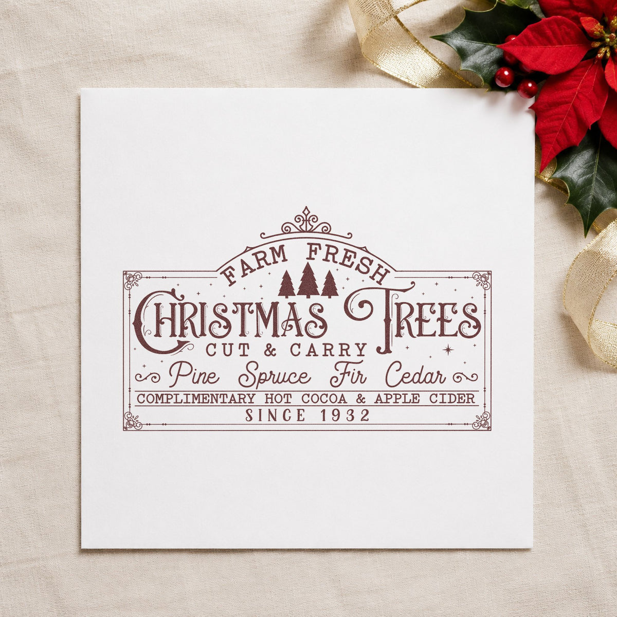 Farm Fresh Christmas Trees Sign rubber stamp printed in black ink, ready for cut order sheet and similar paper crafts.