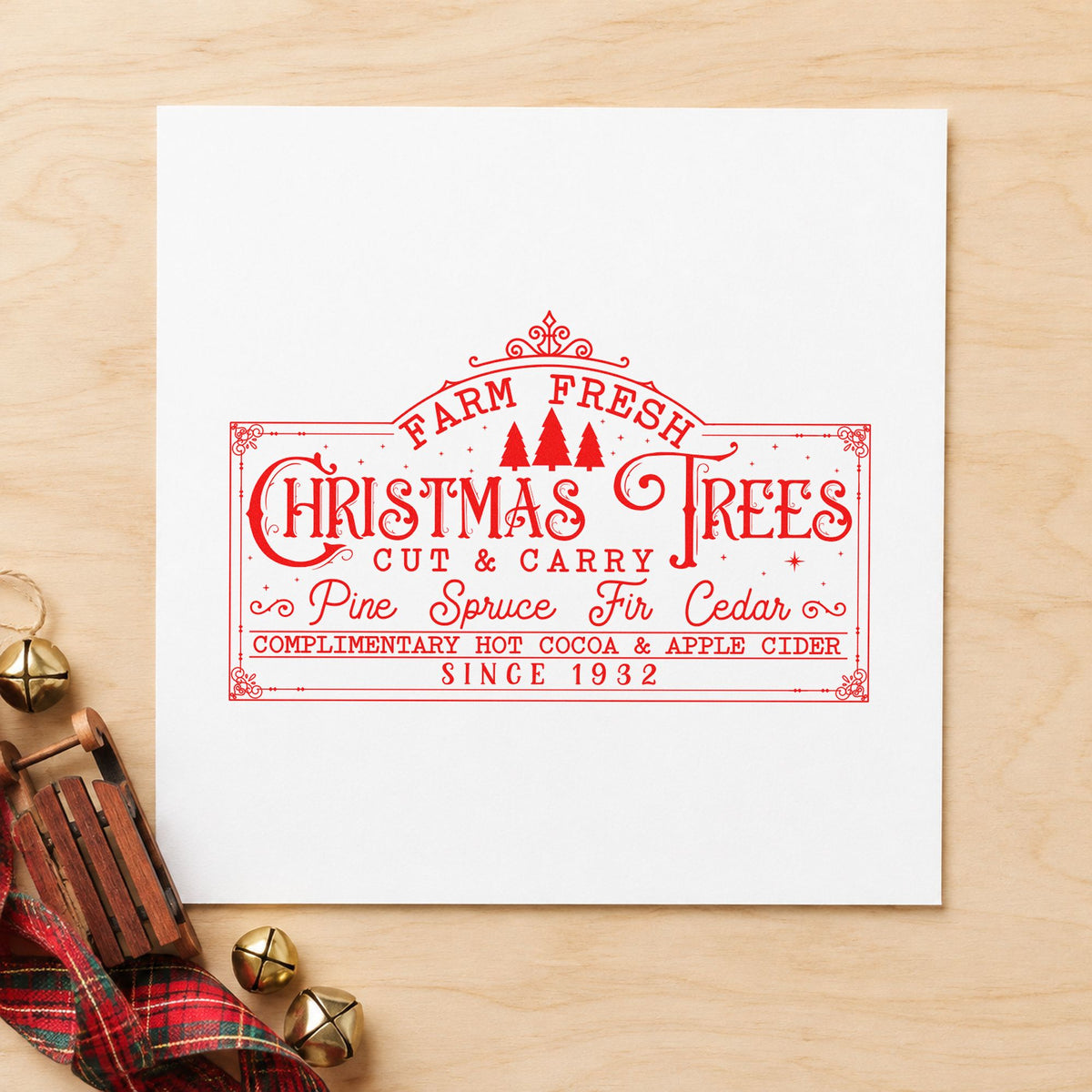 Farm Fresh Christmas Trees Sign rubber stamp shown in red ink, stamped for projects such as field row labels.